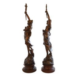 Pair of Neoclassical Women Statues with Eveil Poetique Plaque