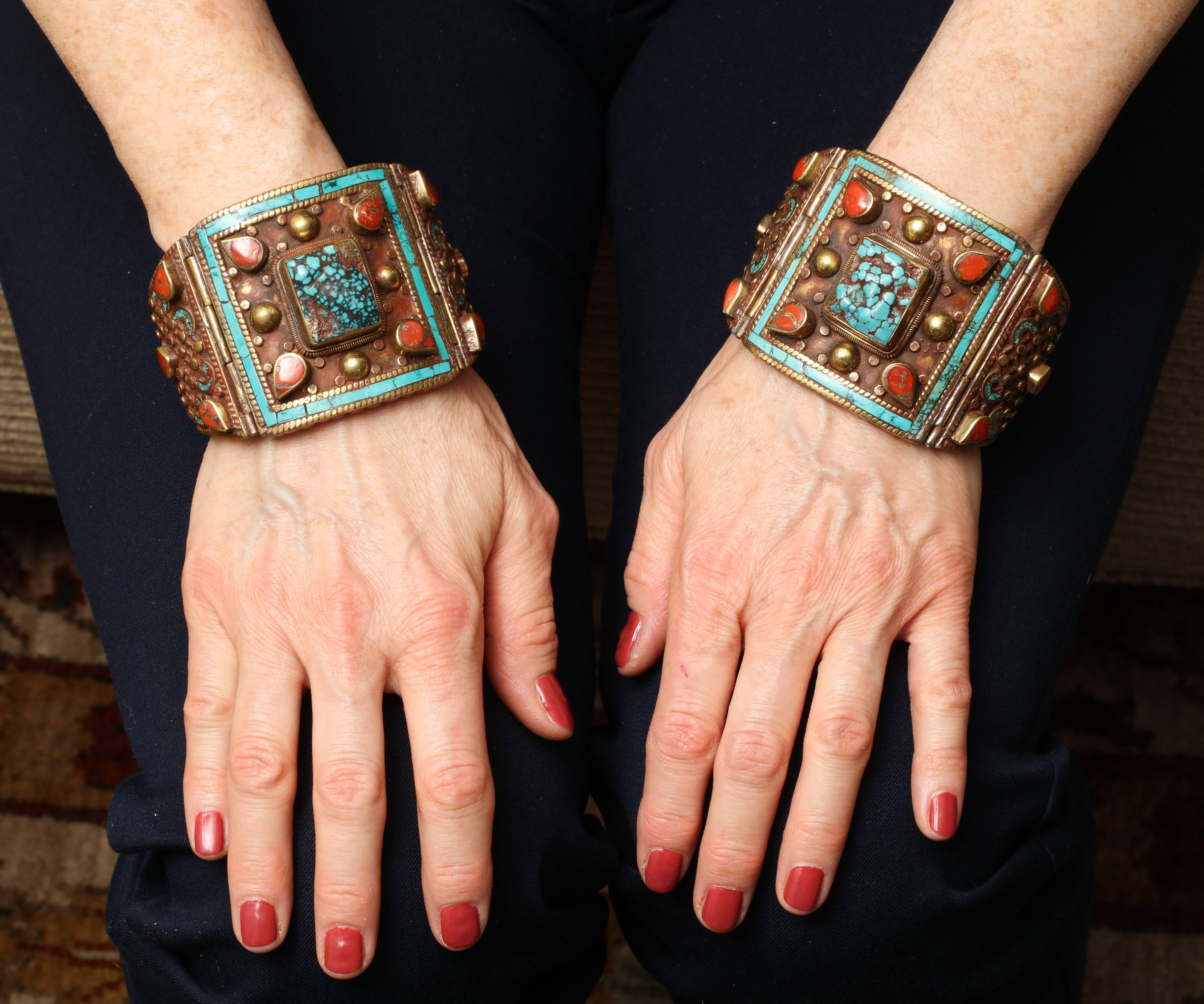 Pair Nepalese Bracelets Turquoise and Coral  In Excellent Condition In Stamford, CT