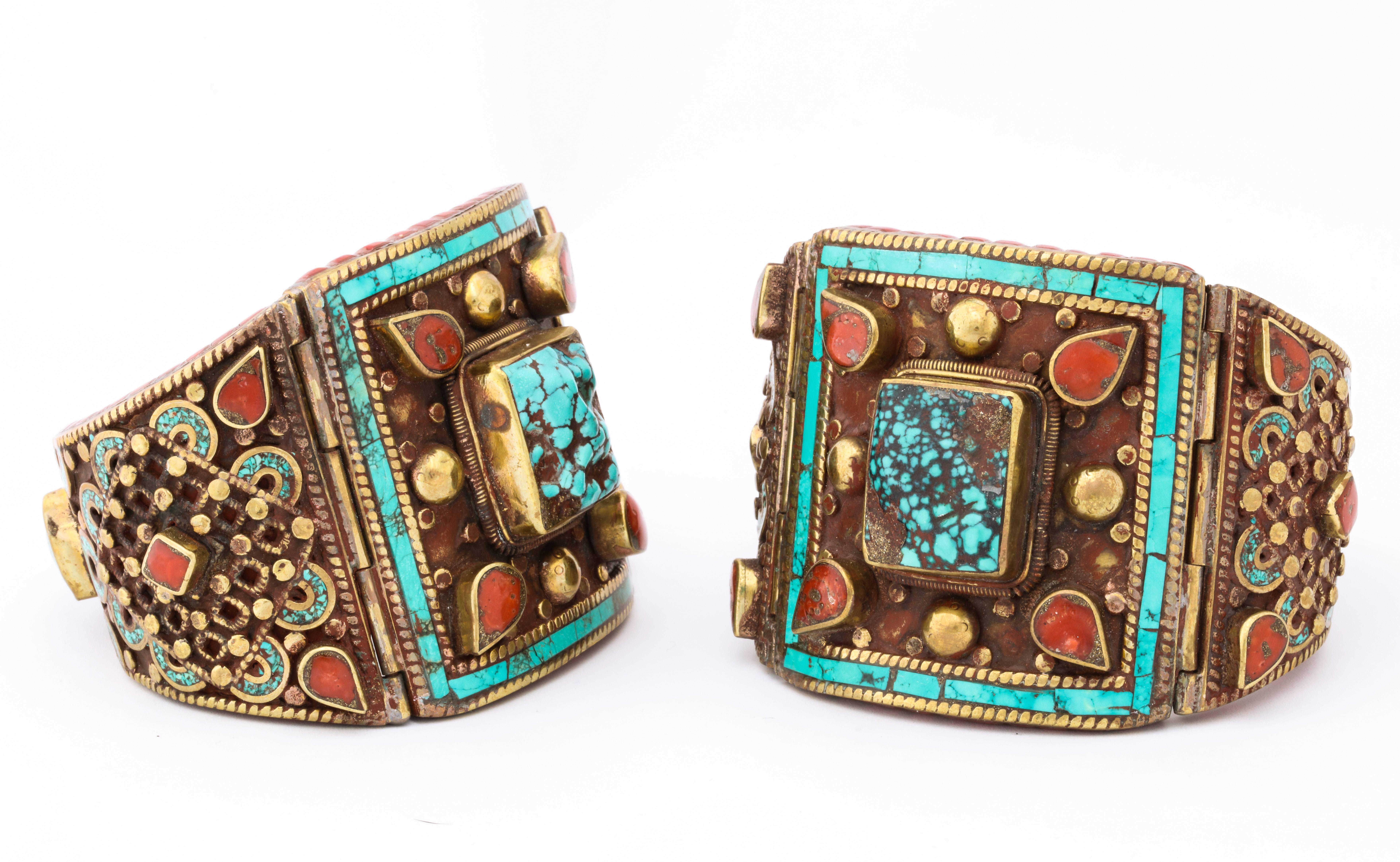 Women's Pair Nepalese Bracelets Turquoise and Coral 