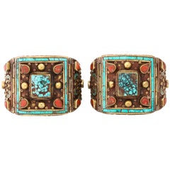 Pair Nepalese Bracelets Turquoise and Coral 