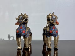 Pair Nepalese Brass and Colored Glass Winged Lions, Mid 20th Century, Nepal