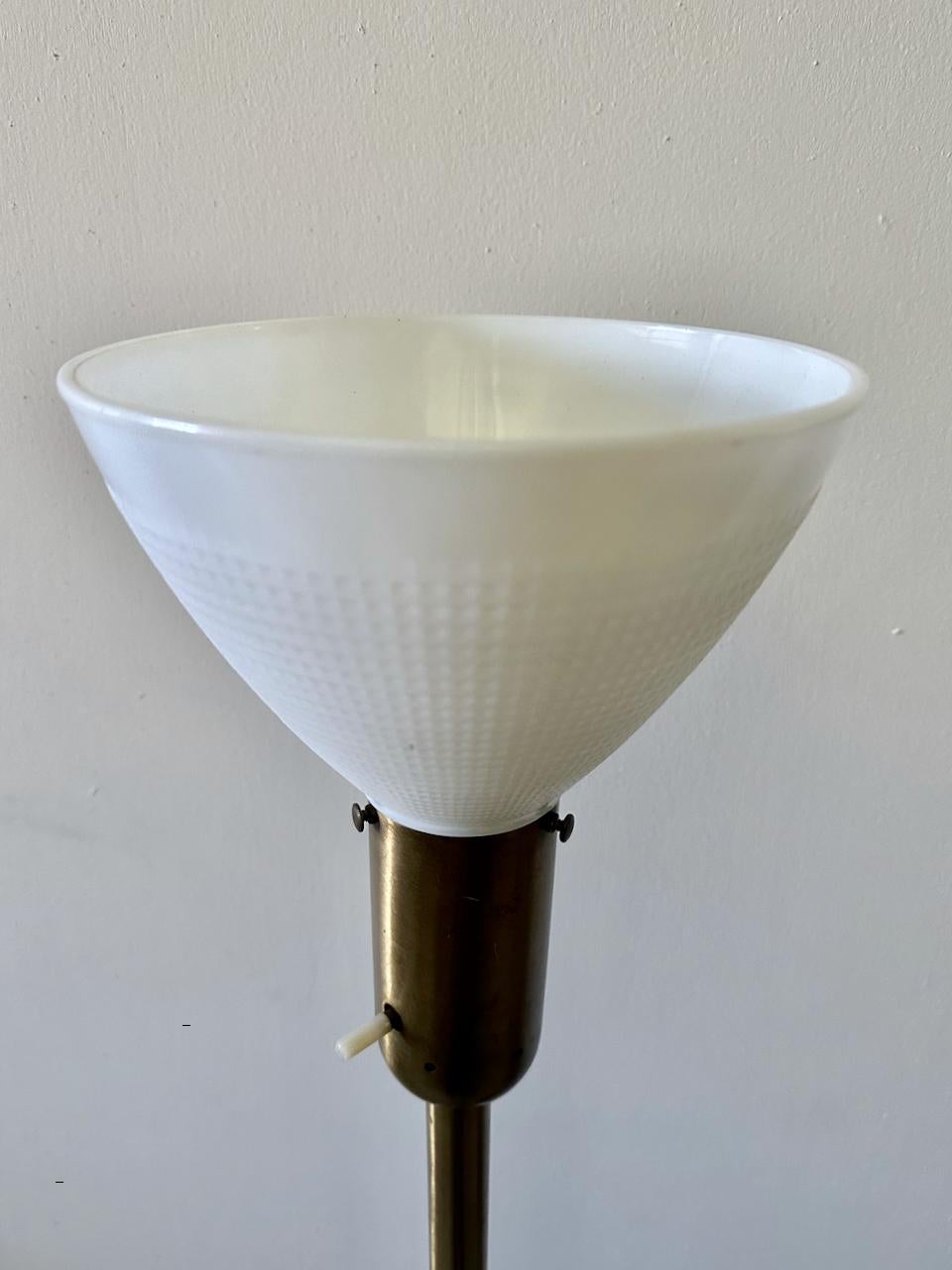 Art Deco Pair Nessen Studios 907 Brass Floor Lamps with Milk Glass Shades 1940s For Sale