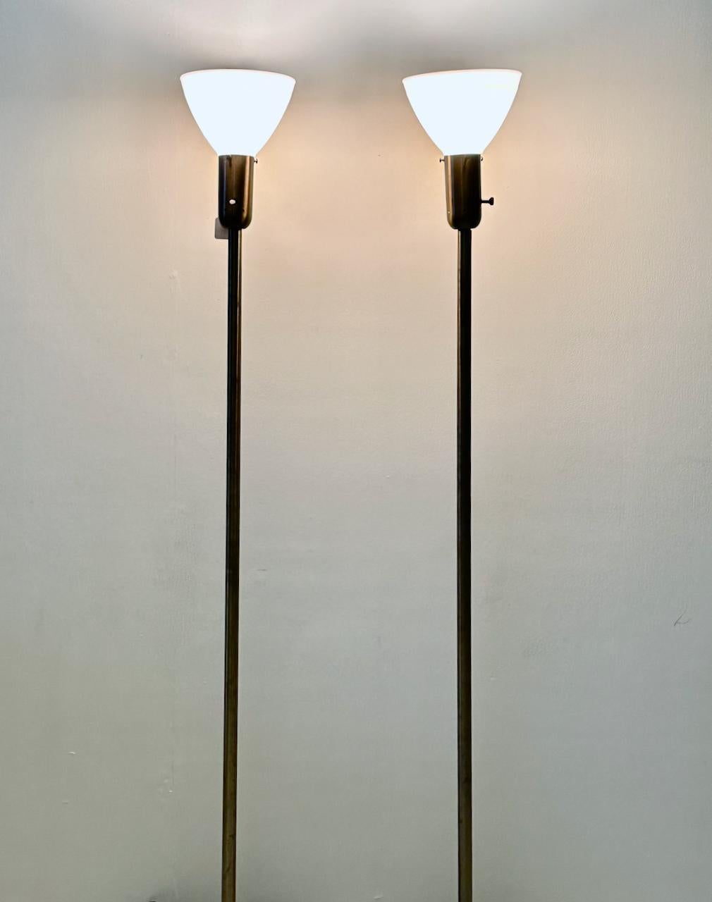 Pair Nessen Studios 907 Brass Floor Lamps with Milk Glass Shades 1940s For Sale 2