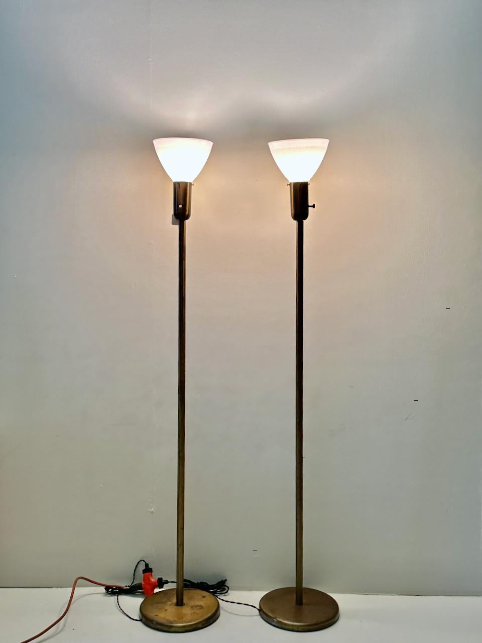 Pair Nessen Studios 907 Brass Floor Lamps with Milk Glass Shades 1940s For Sale 3