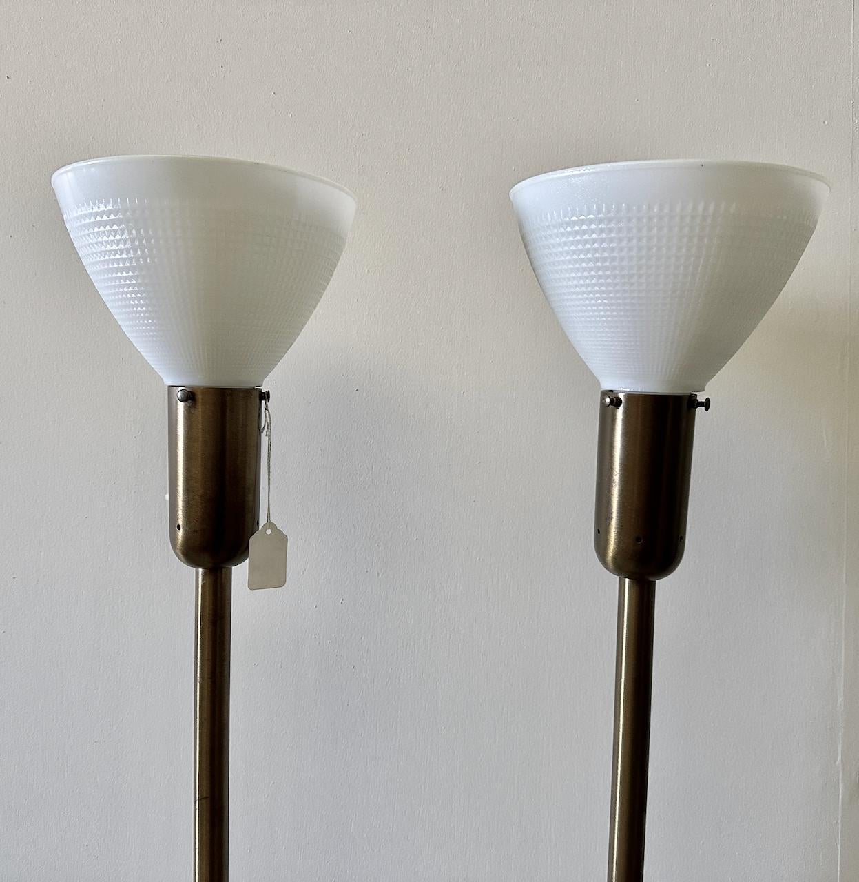 Mid-20th Century Pair Nessen Studios 907 Brass Floor Lamps with Milk Glass Shades 1940s For Sale