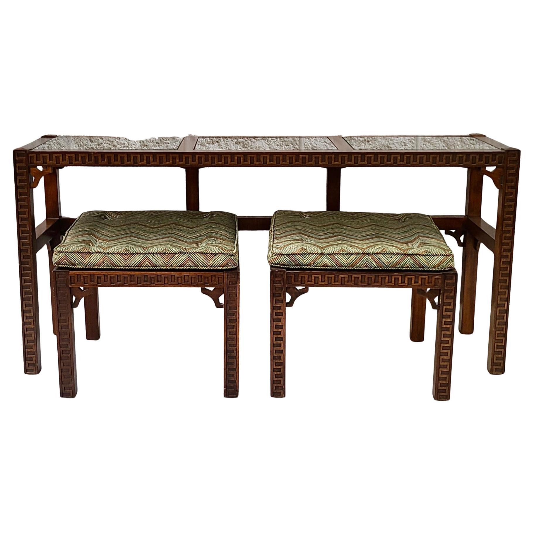 Pair Nesting Stools and Console Tables Neo Classical Greek Key Pattern with Cane For Sale 5