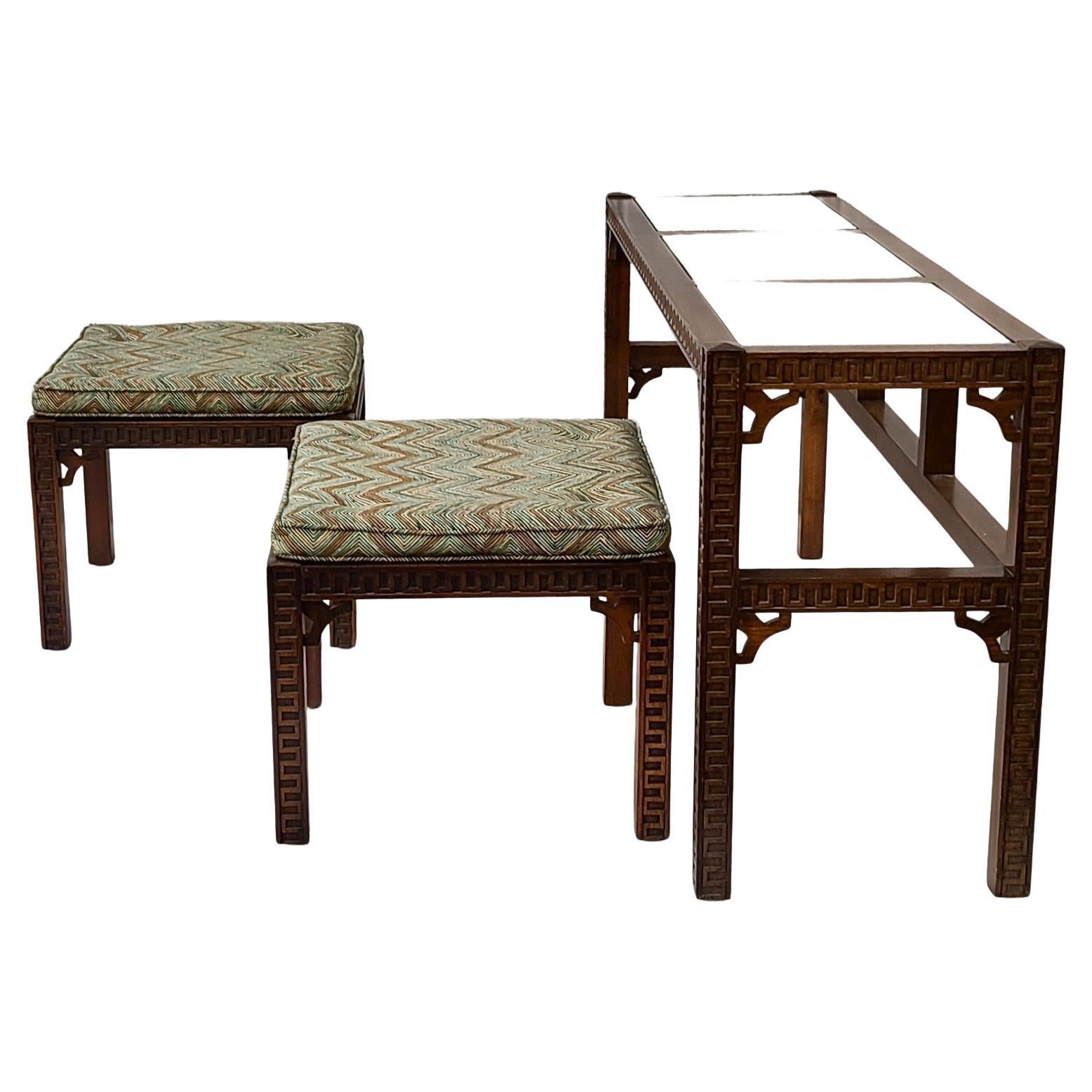 Pair Nesting Stools and Console Tables Neo Classical Greek Key Pattern with Cane For Sale 6
