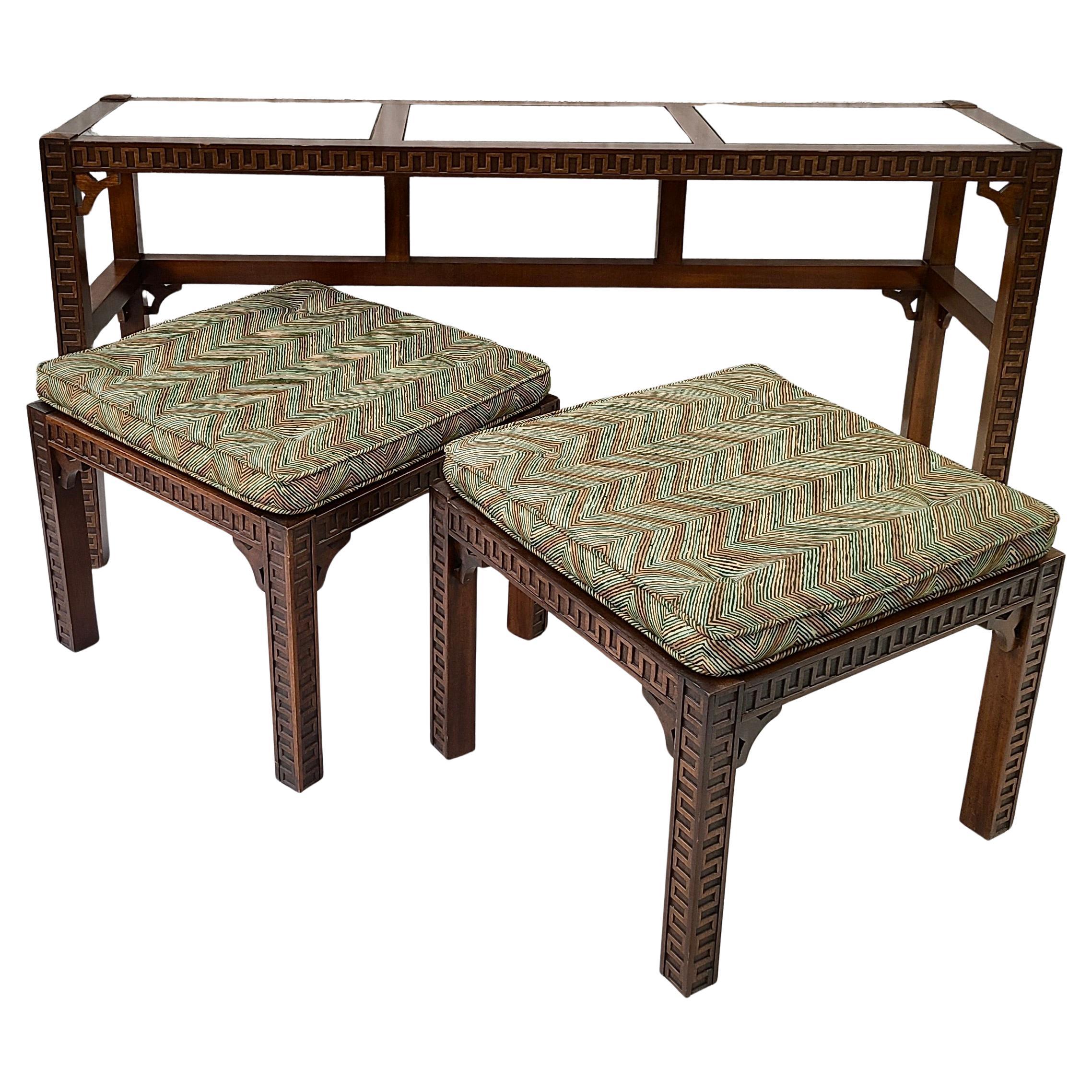 Pair Nesting Stools and Console Tables Neo Classical Greek Key Pattern with Cane For Sale 7
