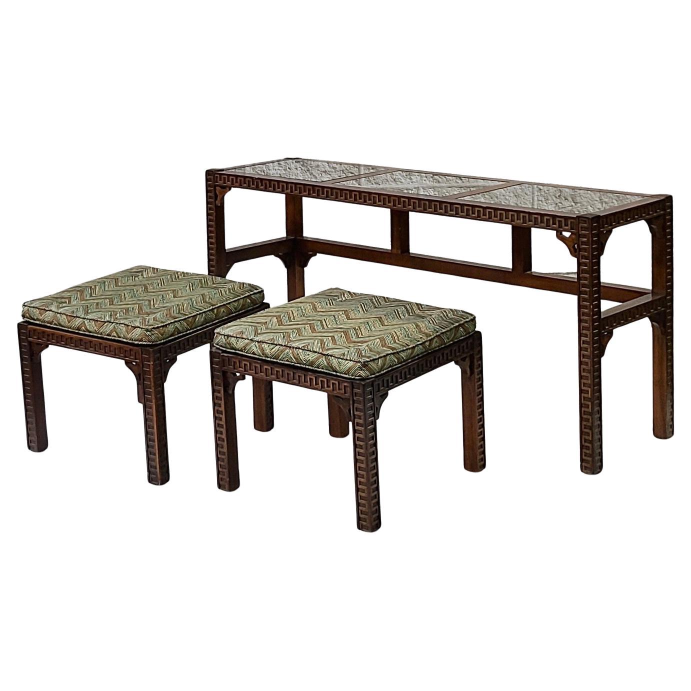 Please feel free to reach out for efficient shipping quote to your zip.

Console table with pair of nesting stools.
Sharp neoclassical pattern borders with echos of Frank Lloyd Wright.
Console has 3 cane panels covered by 3 glass panels.
Console