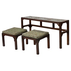 Pair Nesting Stools and Console Tables Neoclassical Greek Key Pattern with Cane
