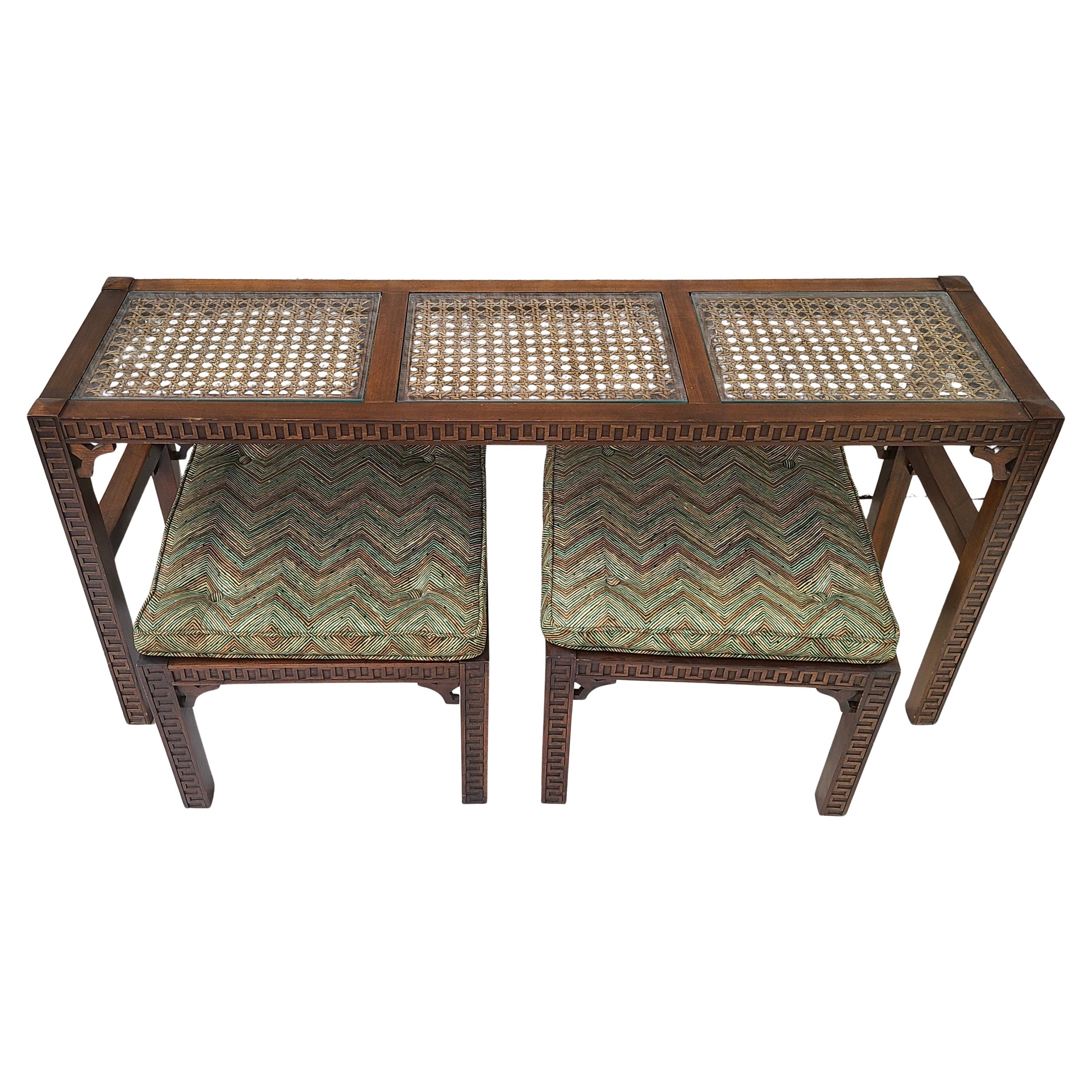 Pair Nesting Stools and Console Tables Neo Classical Greek Key Pattern with Cane In Good Condition For Sale In Fraser, MI