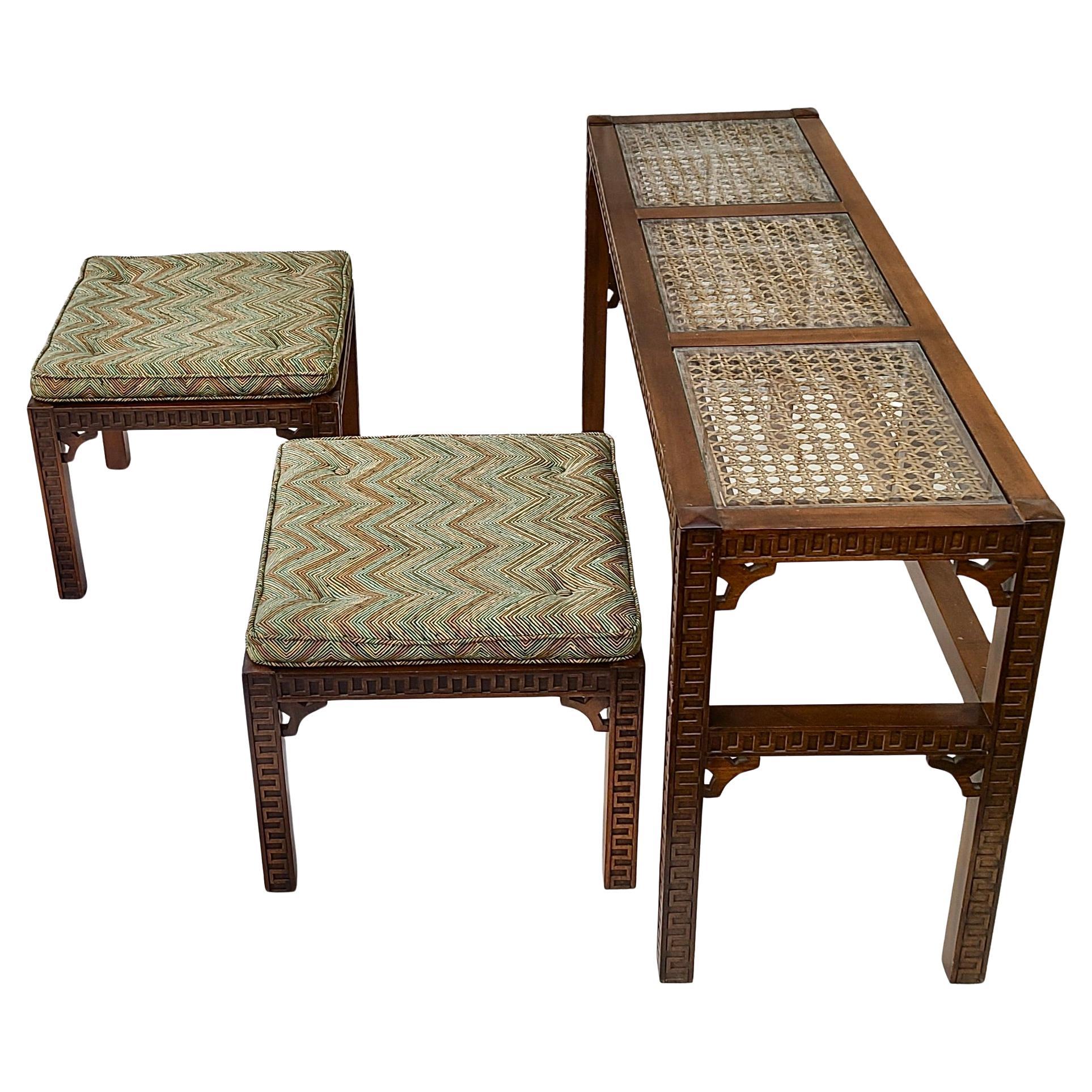 Late 20th Century Pair Nesting Stools and Console Tables Neo Classical Greek Key Pattern with Cane For Sale