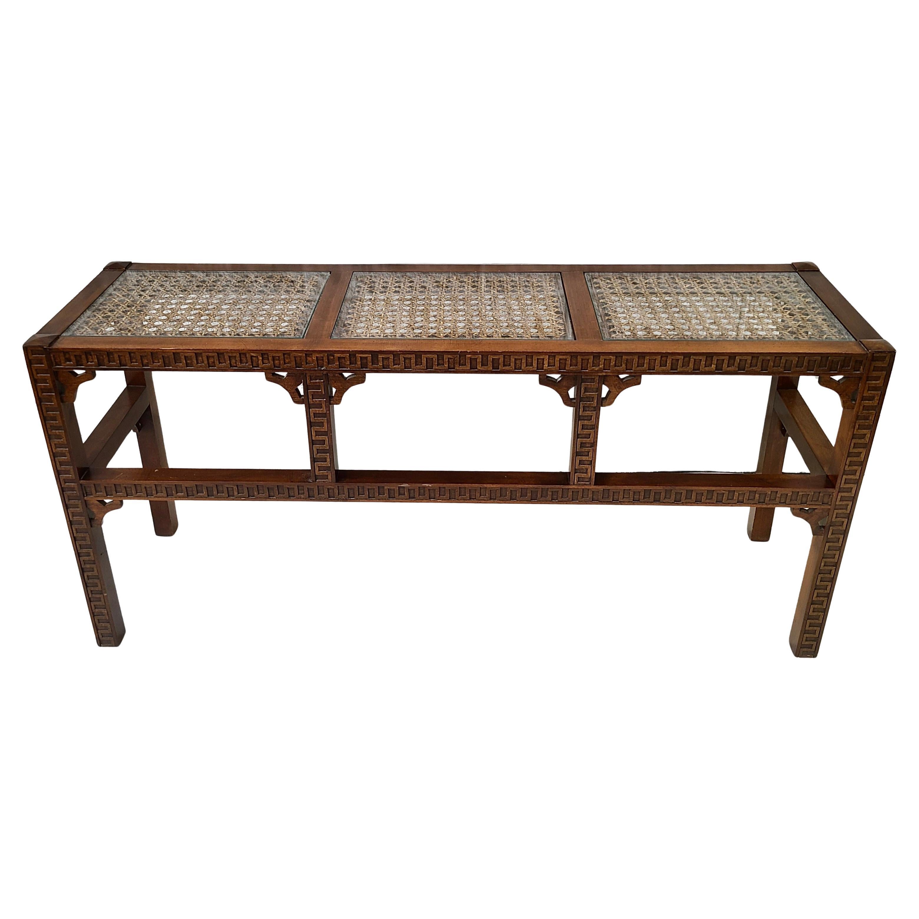 Fabric Pair Nesting Stools and Console Tables Neo Classical Greek Key Pattern with Cane For Sale