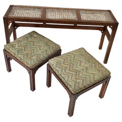 Pair Nesting Stools and Console Tables Neo Classical Greek Key Pattern with Cane
