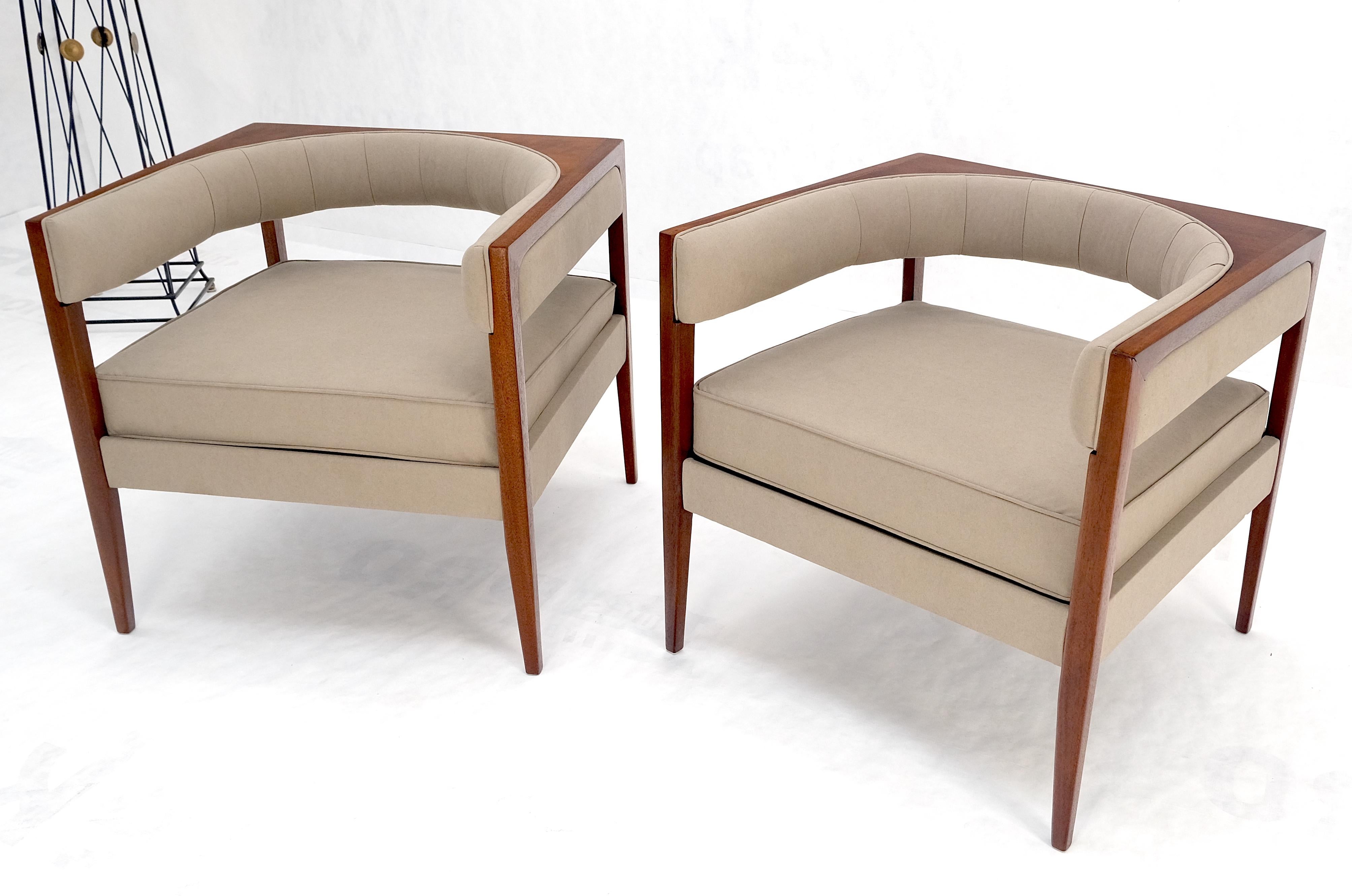 Pair New Alcantera Upholstery Walnut Cube Shape Barrel Back Lounge Chairs MINT! For Sale 4