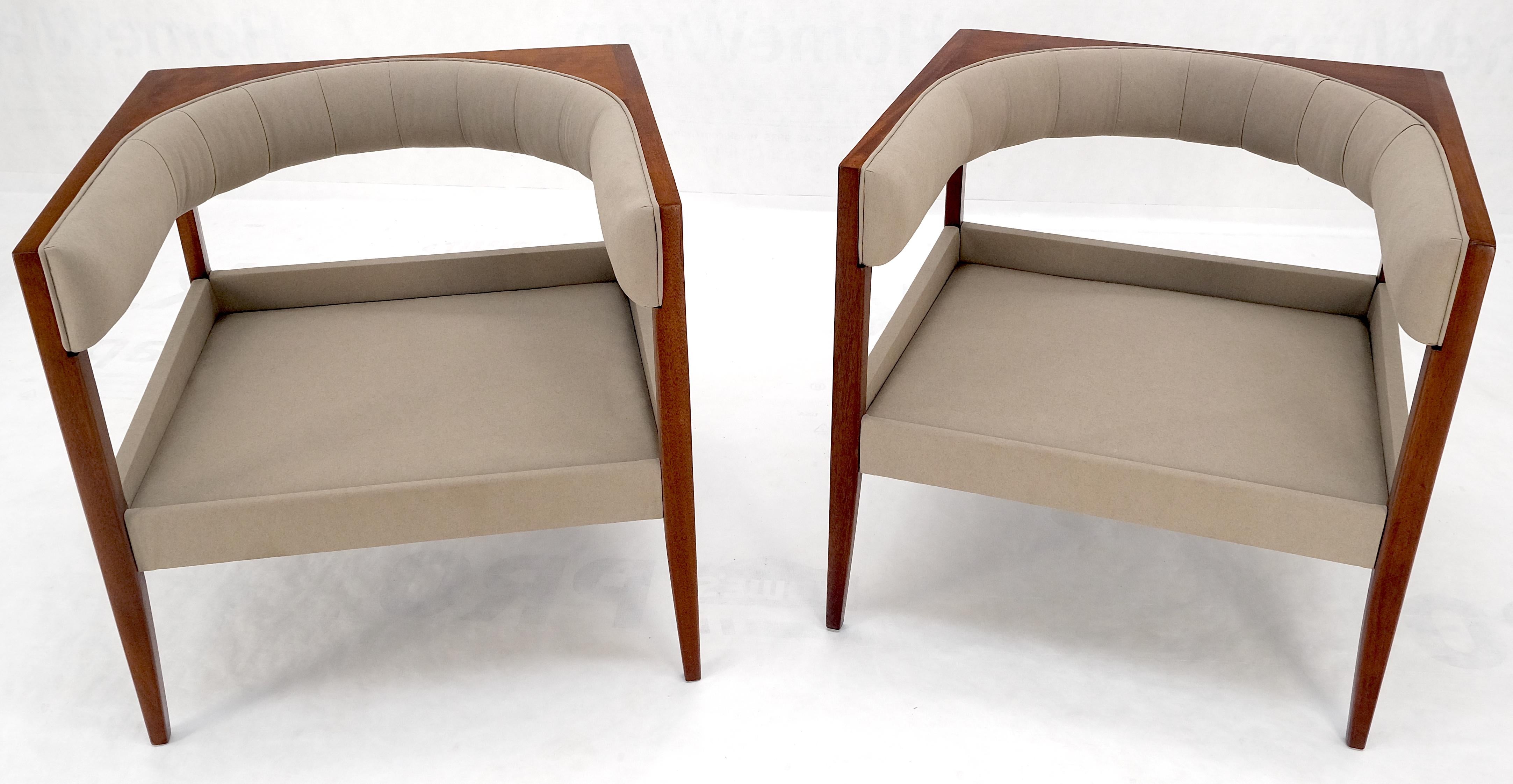 Pair New Alcantera Upholstery Walnut Cube Shape Barrel Back Lounge Chairs MINT! For Sale 5