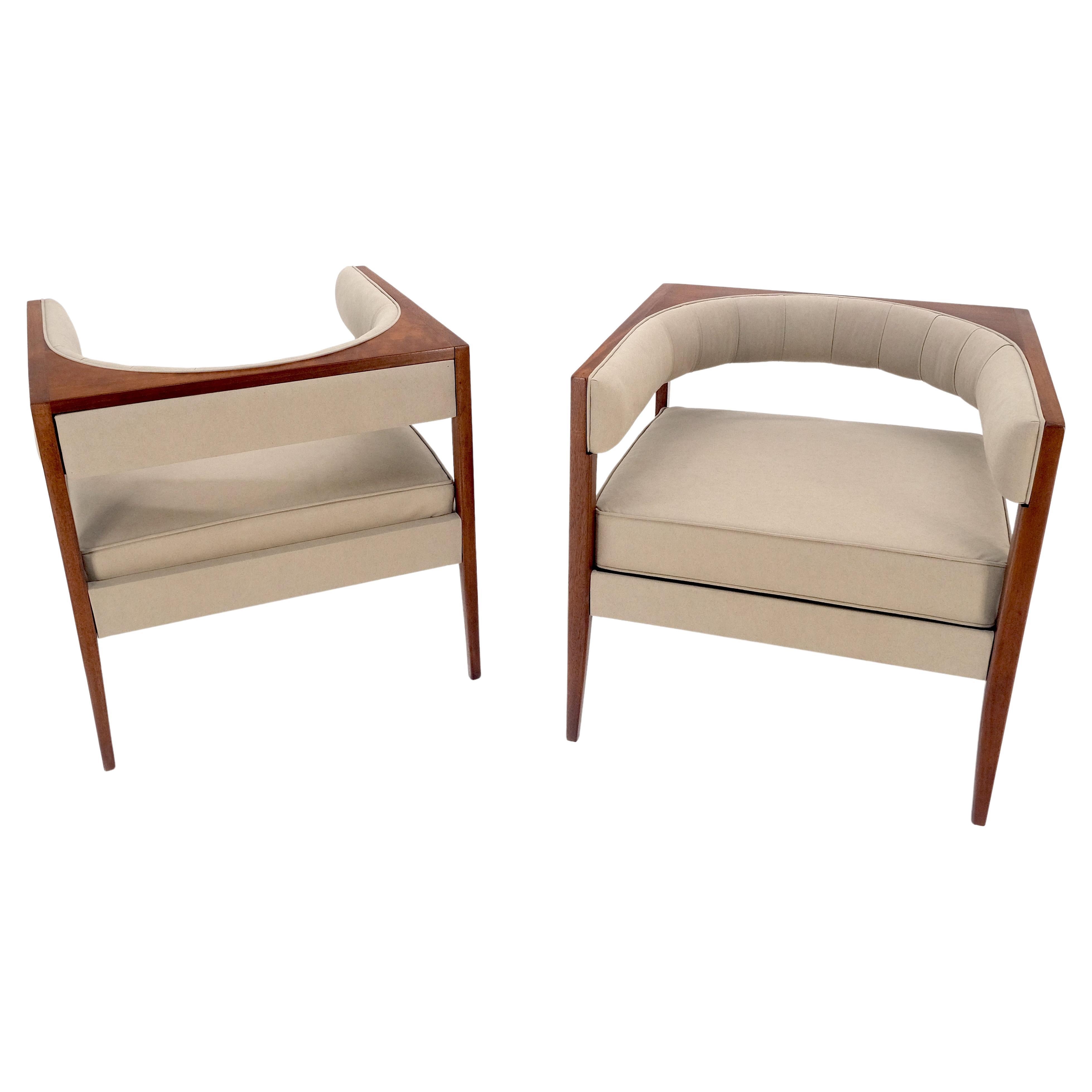 Pair New Alcantera Upholstery Oiled Walnut Cube Shape Barrel Wrap Around Back Lounge Chairs MINT!