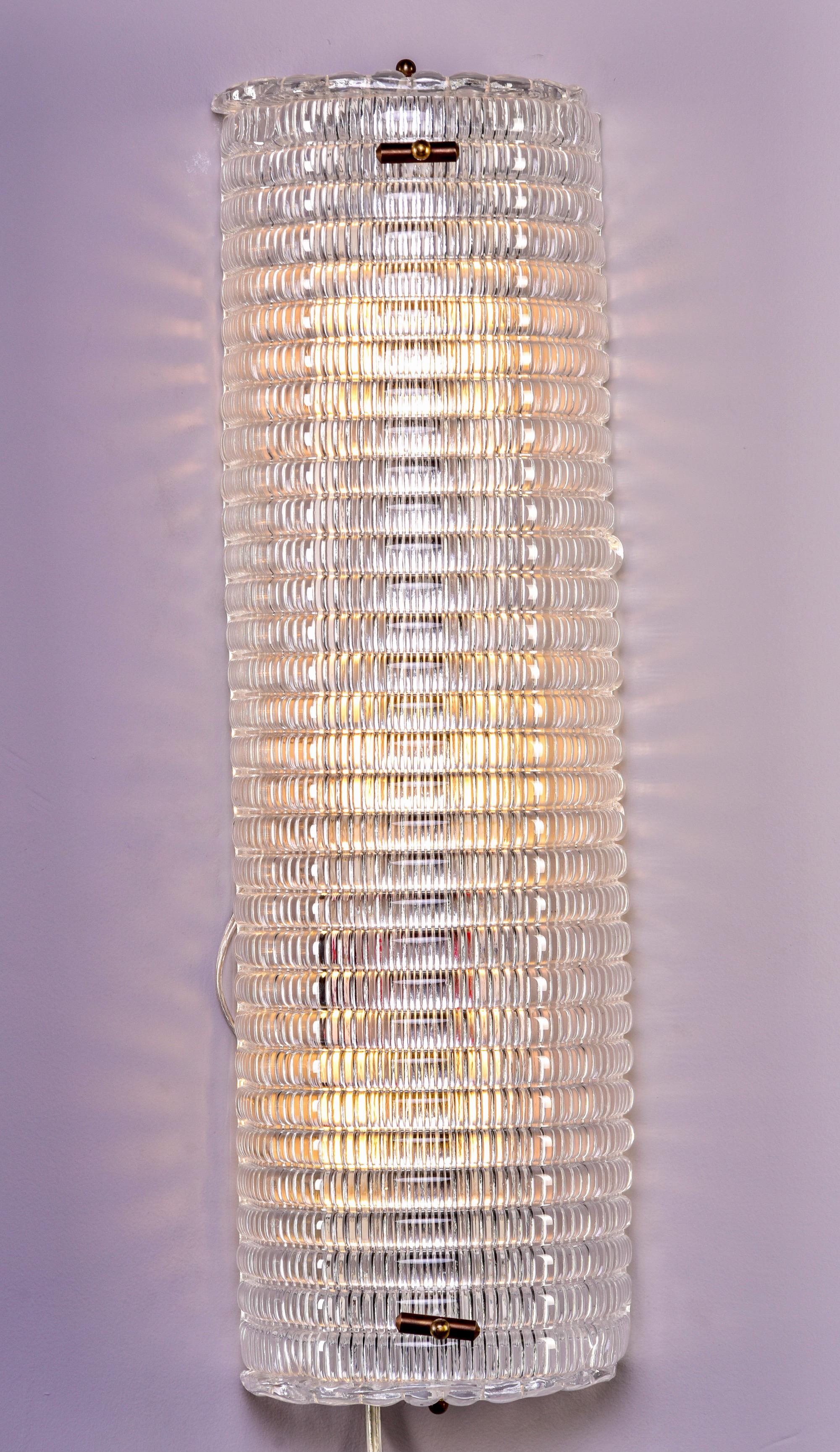 Italian Pair New Clear Ribbed Murano Glass Sconces