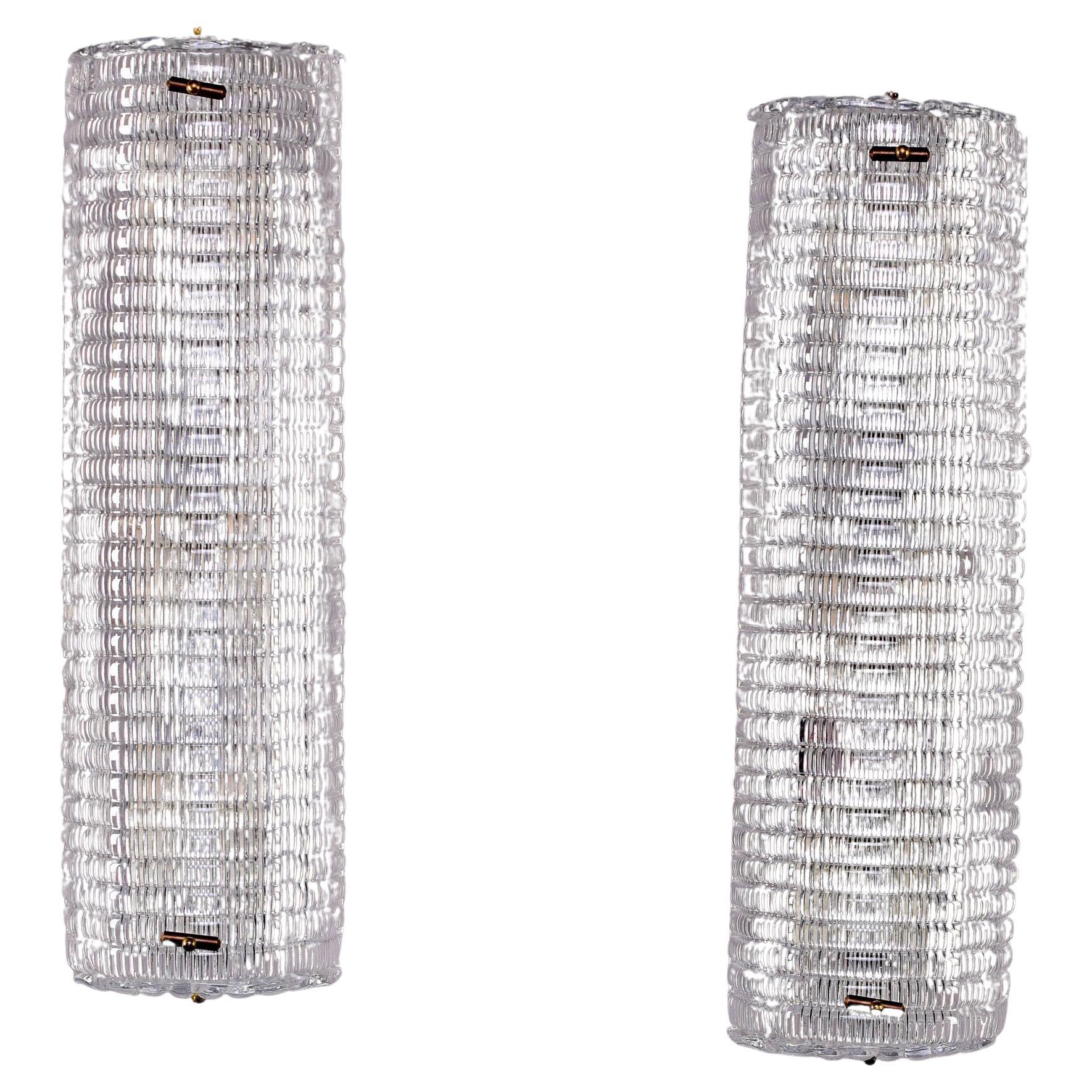 Pair New Clear Ribbed Murano Glass Sconces