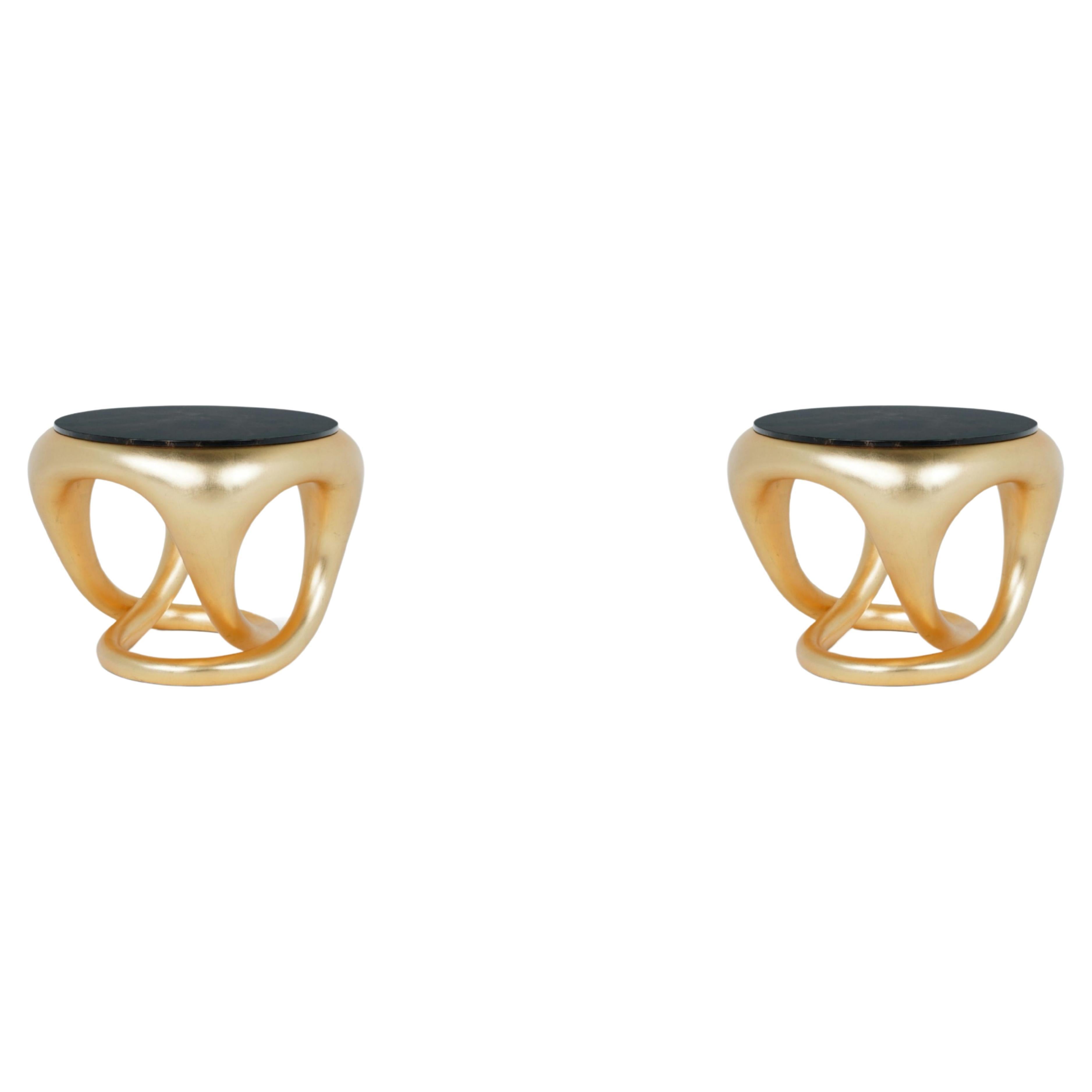 PAIR NEW DESIGN SIDE TABLE COLLECTION 2024

Marbled finish top, gold leaf base.
Dimensions:
Ø64 x 49 cm
25.2 x 19.3 in

Enjoy the poetic beauty side table with fluid lines, finished in a radiant gold leaf with a black + gold marbled finish. This