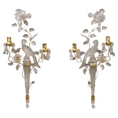Pair New French Maison Bagues Style Parrot Form Rock Crystal Gilt Metal Sconces