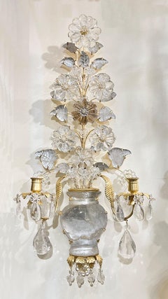 Pair New French Maison Bagues Style Rock Crystal Gilt Metal 2-Light Sconces