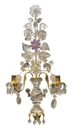 Pair New French Maison Bagues Style Rock Crystal Gilt Metal 2-Light Sconces