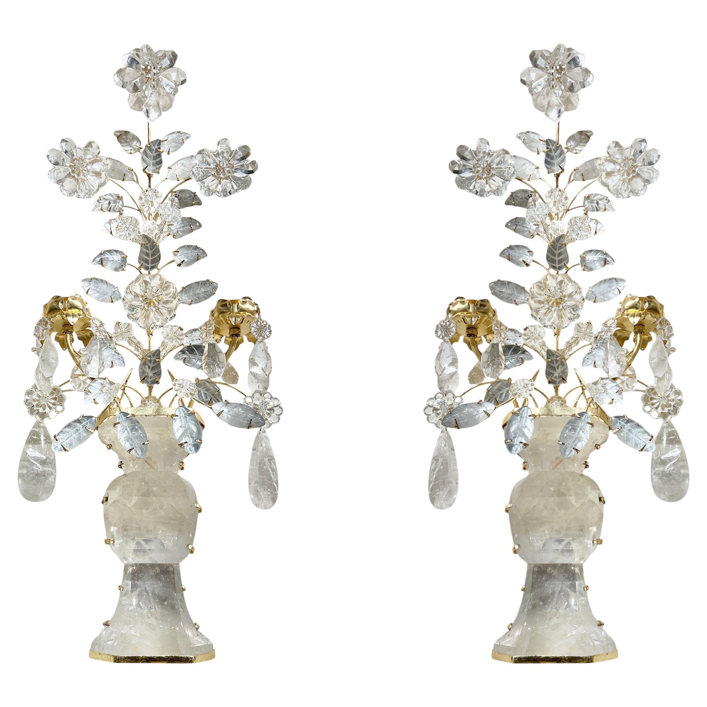 Pair New French Maison Bagues Style Rock Crystal Gilt Metal 2-Light Sconces For Sale