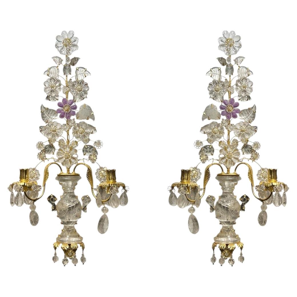 Pair New French Maison Bagues Style Rock Crystal Gilt Metal 2-Light Sconces For Sale