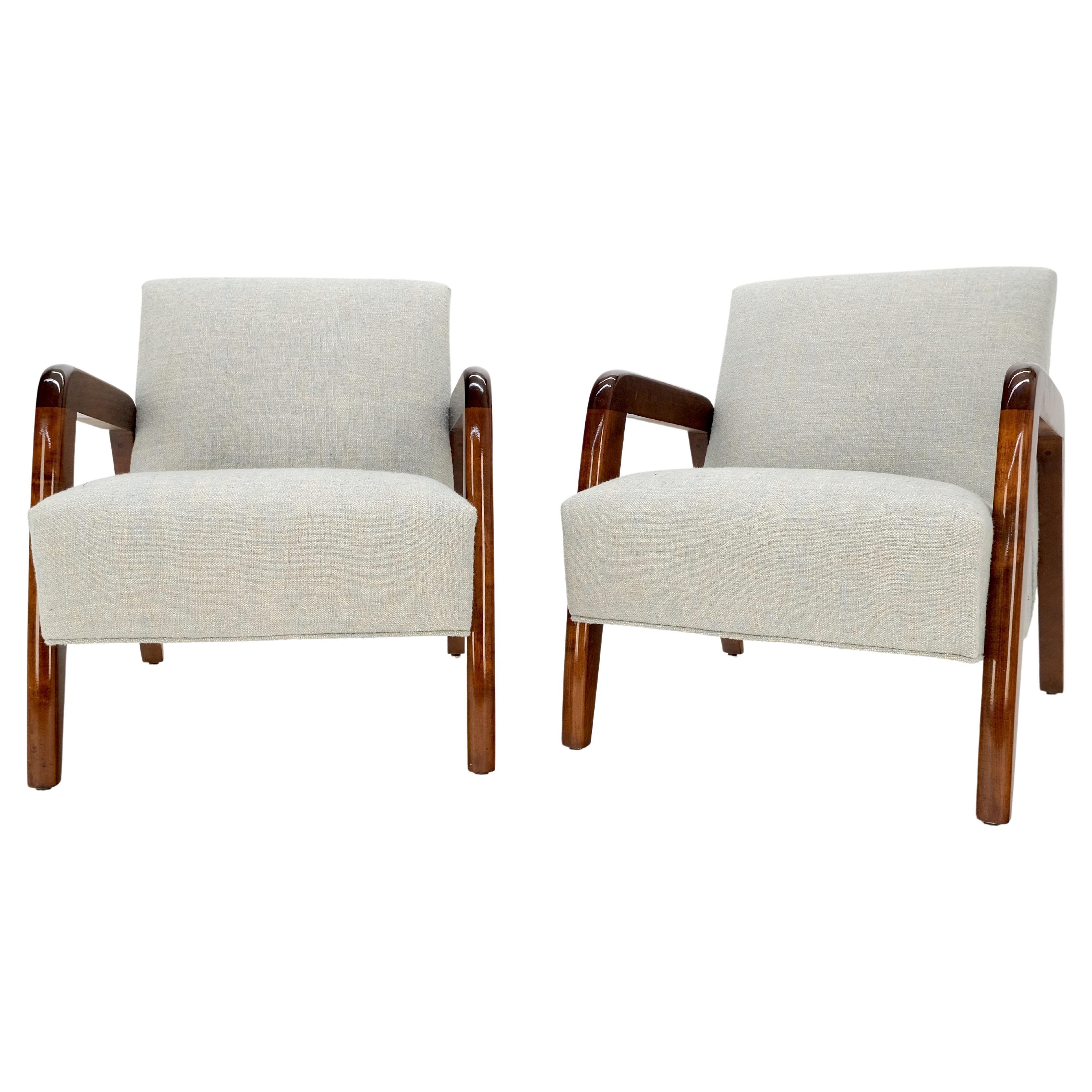 Pair new linen upholstery heavy solid maple frames American Mid-Century Modern lounge chairs mint!