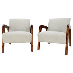 Pair New Linen Upholstery Heavy Solid Maple Frames American Lounge Chairs Mint!