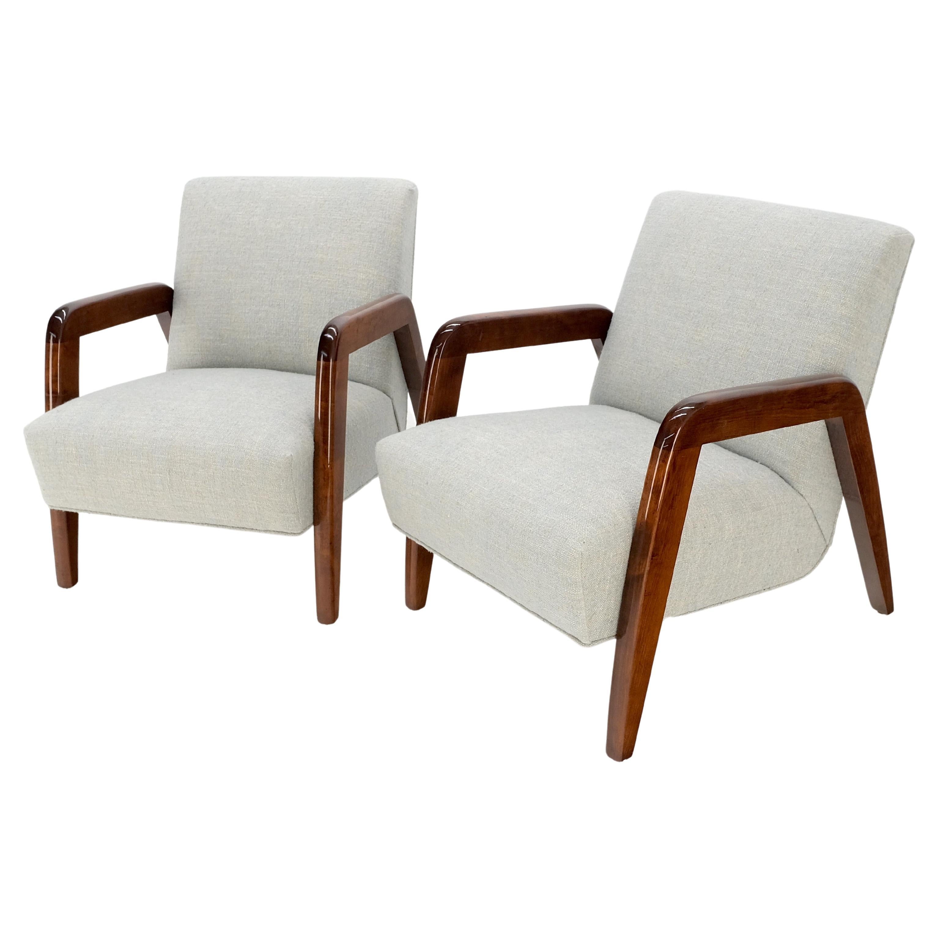 Pair New Linen Upholstery Heavy Solid Maple Frames American Lounge Chairs Mint! For Sale