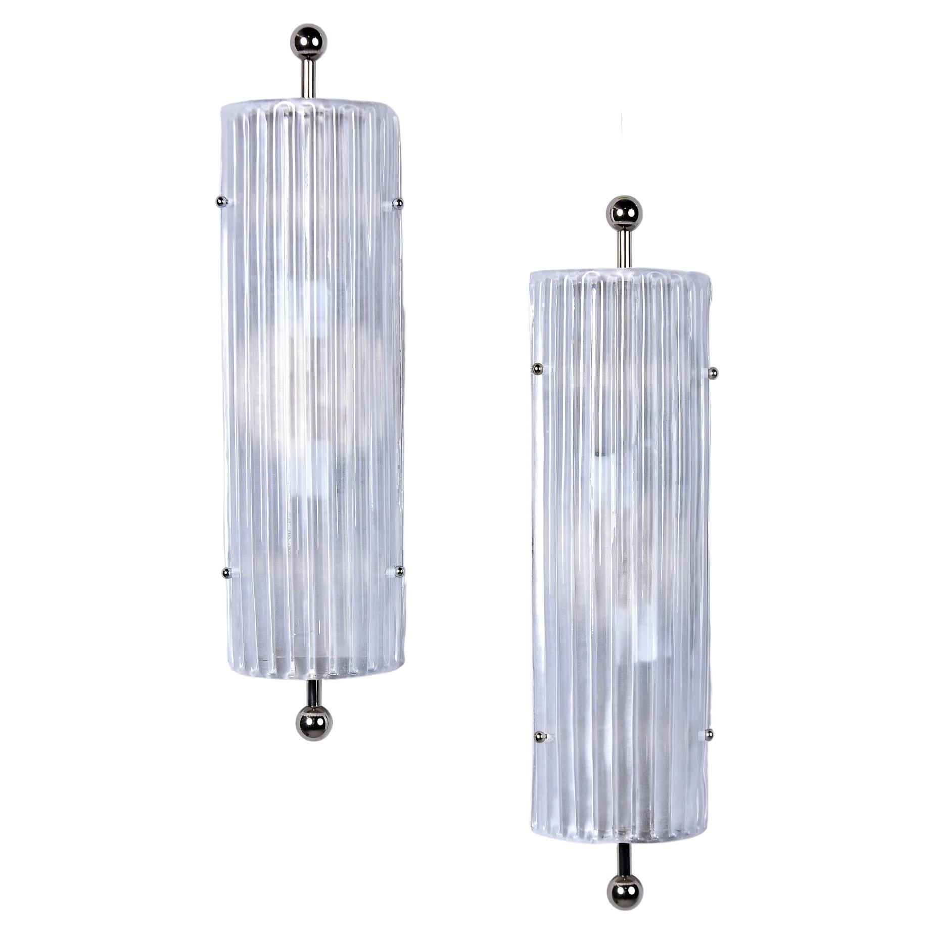 Pair New Murano Glass Wall Lights with Nickel Fittings For Sale