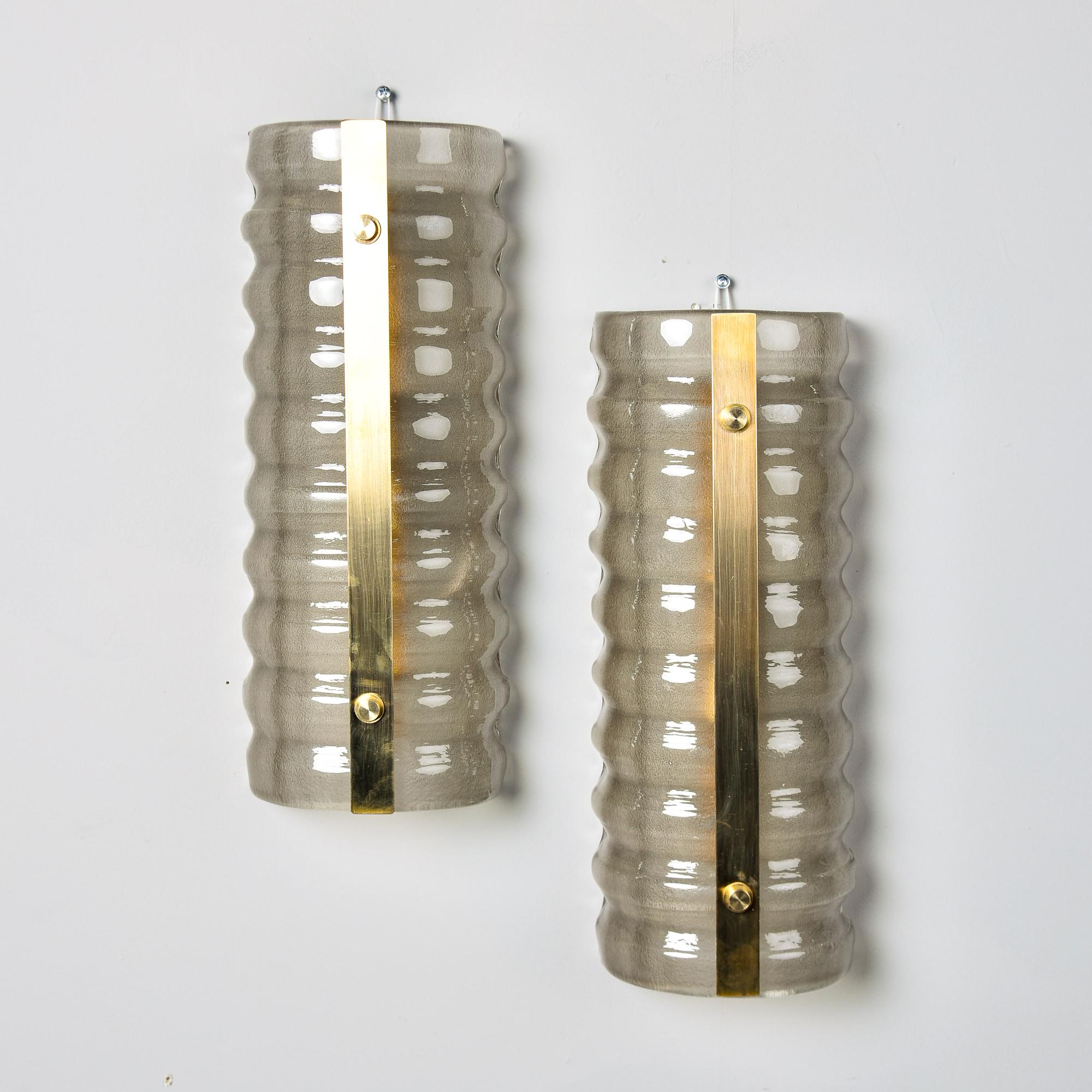 Mid-Century Modern Pair New Murano Ribbed Fume Glass Sconces with Brass Center Accent