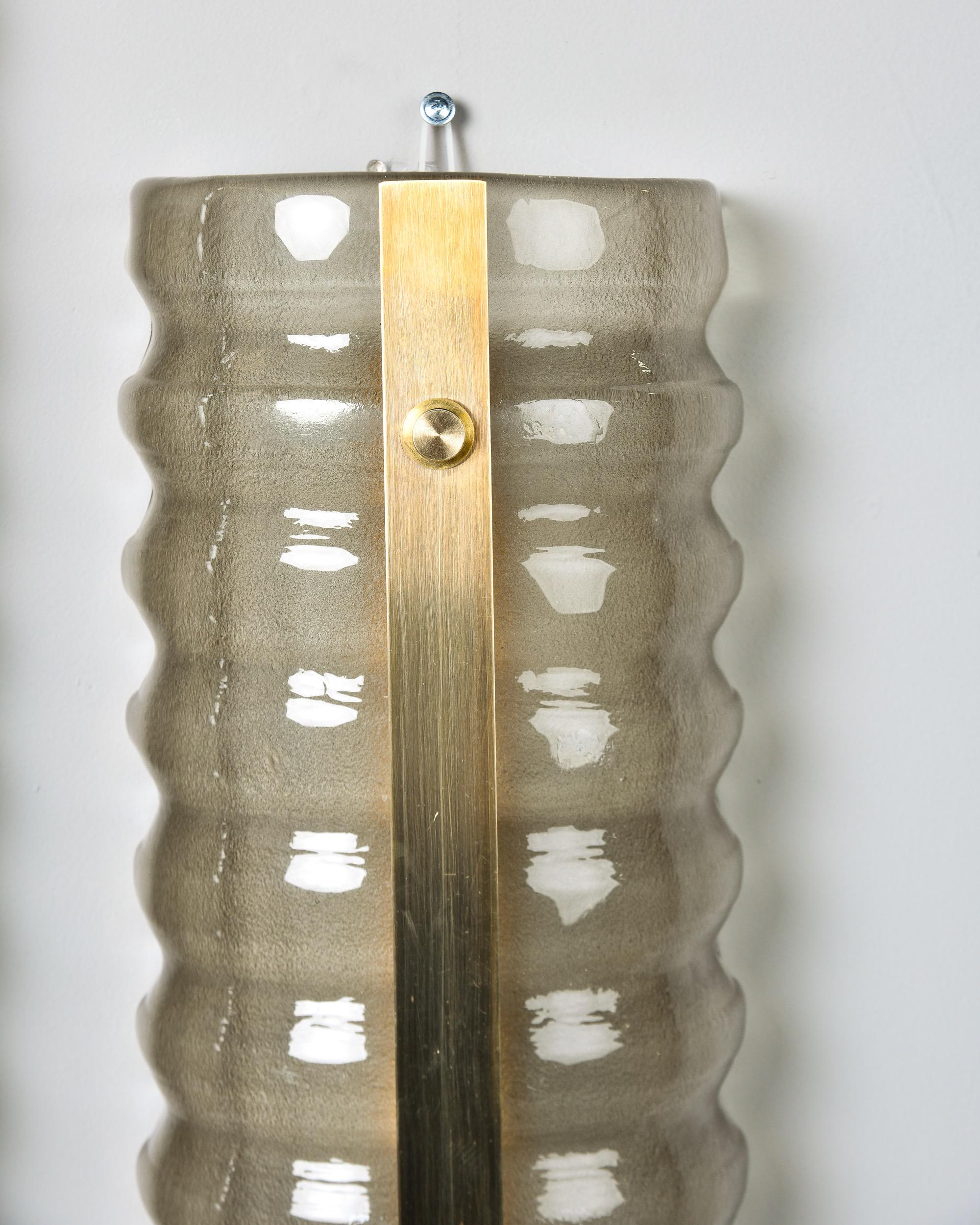 Italian Pair New Murano Ribbed Fume Glass Sconces with Brass Center Accent