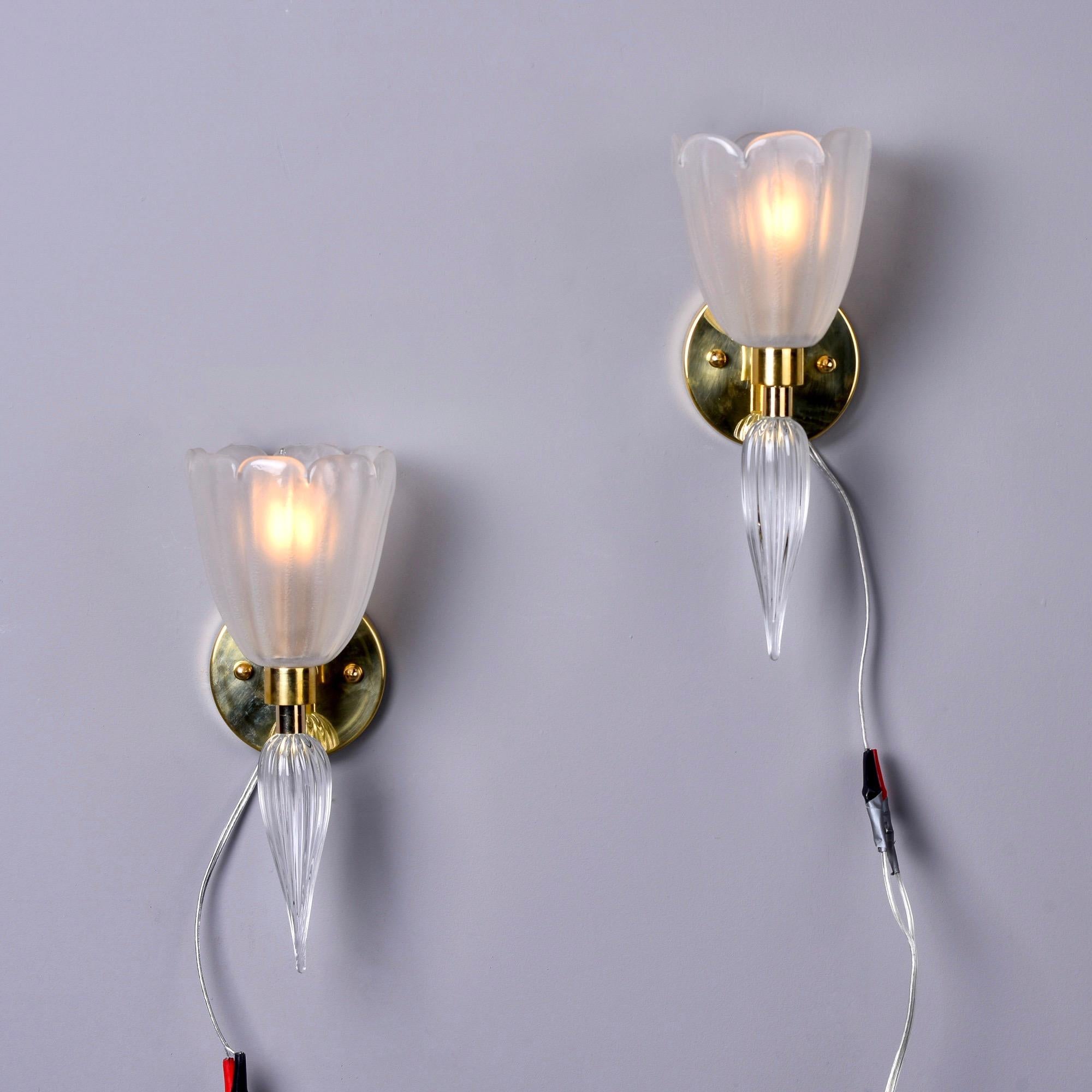 Pair New Murano Sconces with Fluted White Glass and Brass For Sale 4