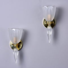 Pair New Murano Sconces with Fluted White Glass and Brass