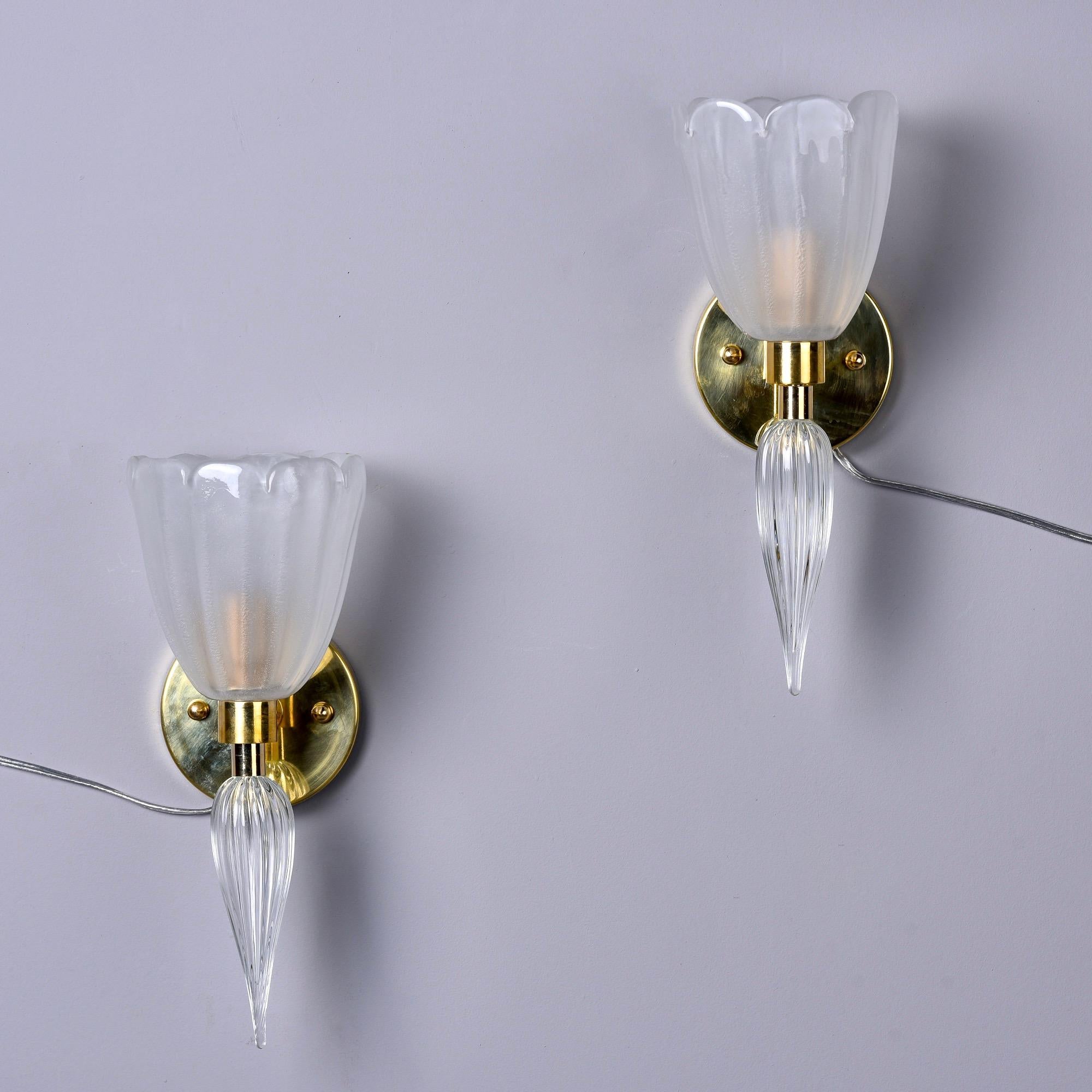 Mid-Century Modern Pair New Murano Sconces with Fluted White Glass and Brass For Sale