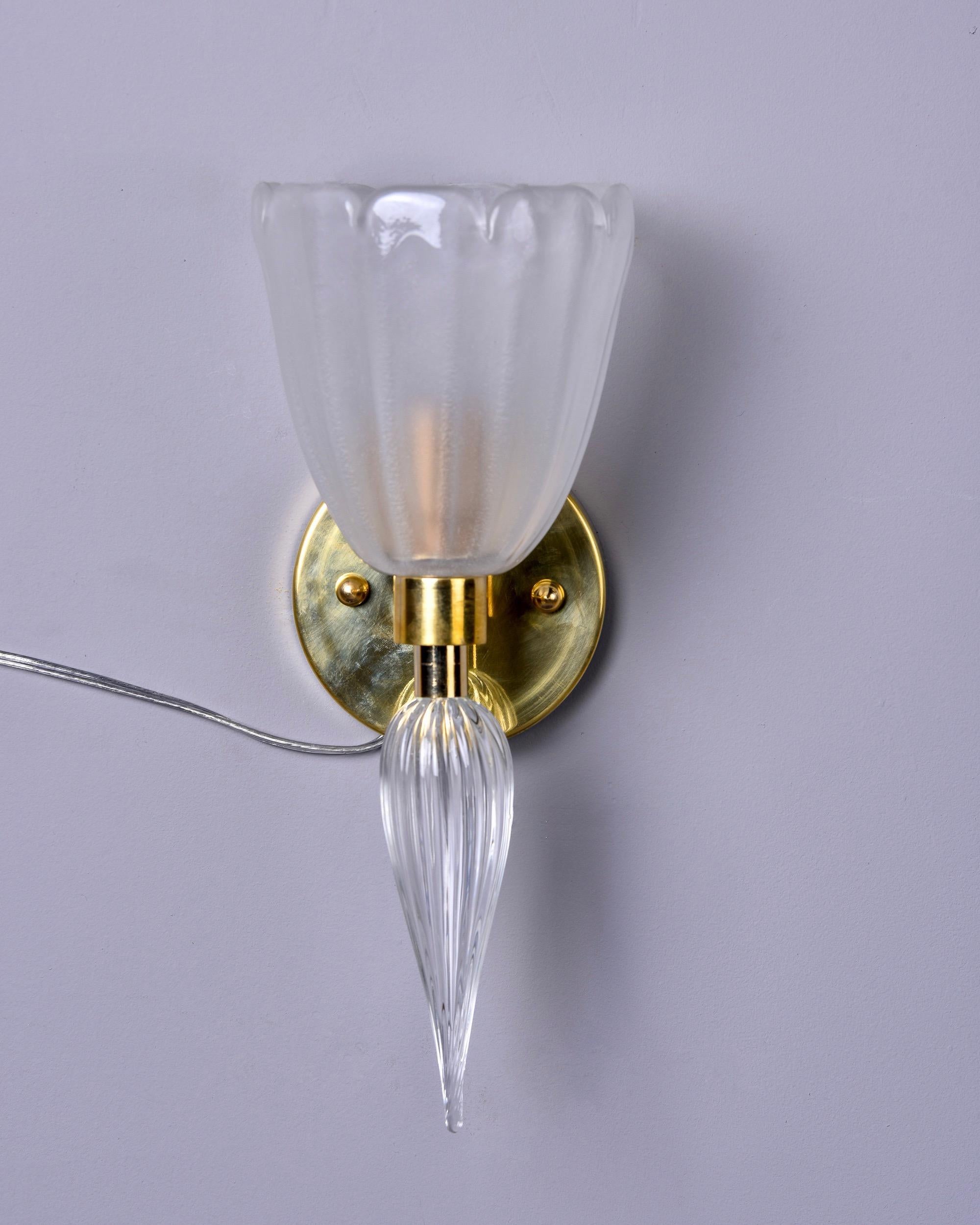 Contemporary Pair New Murano Sconces with Fluted White Glass and Brass For Sale