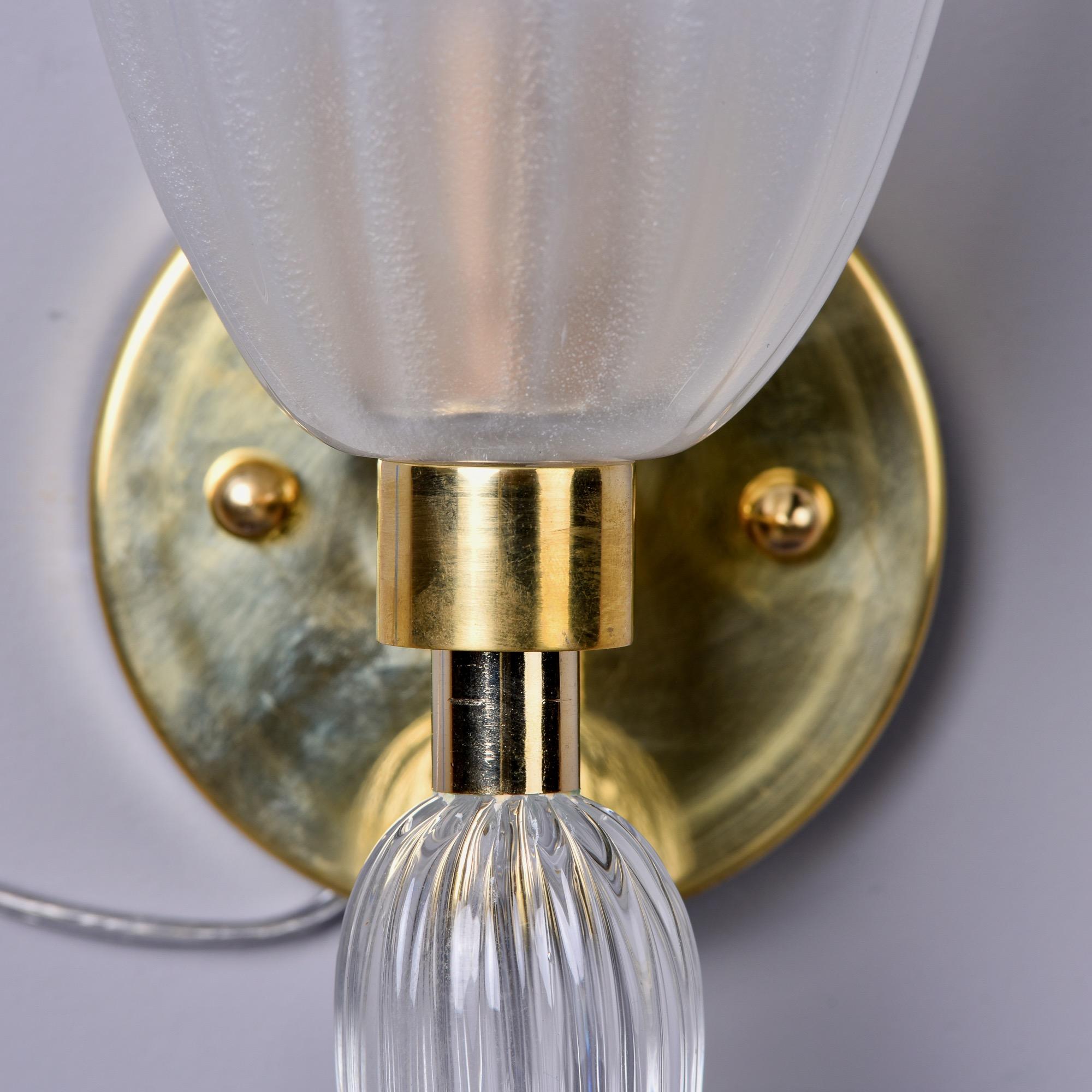 Pair New Murano Sconces with Fluted White Glass and Brass For Sale 1