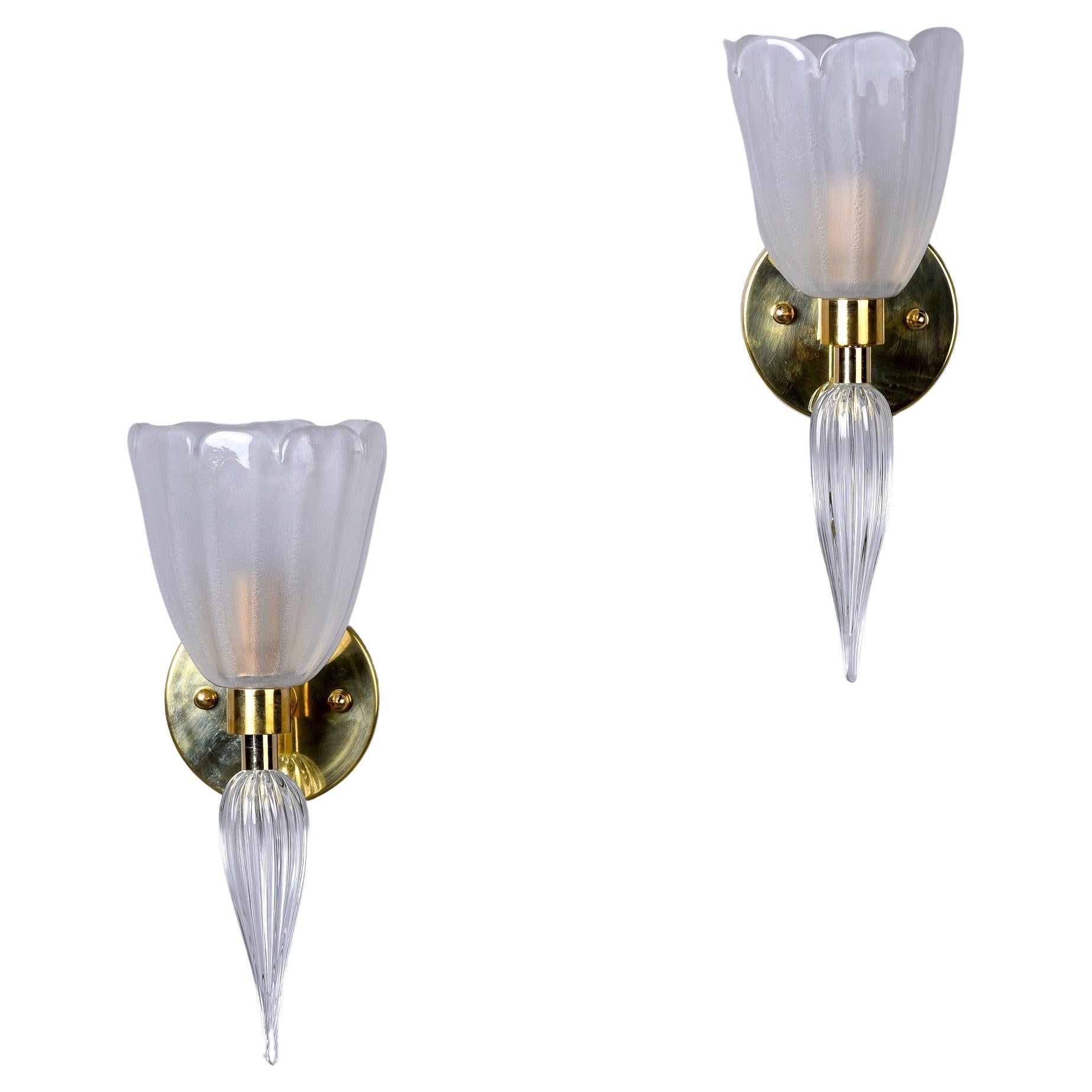 Pair New Murano Sconces with Fluted White Glass and Brass For Sale