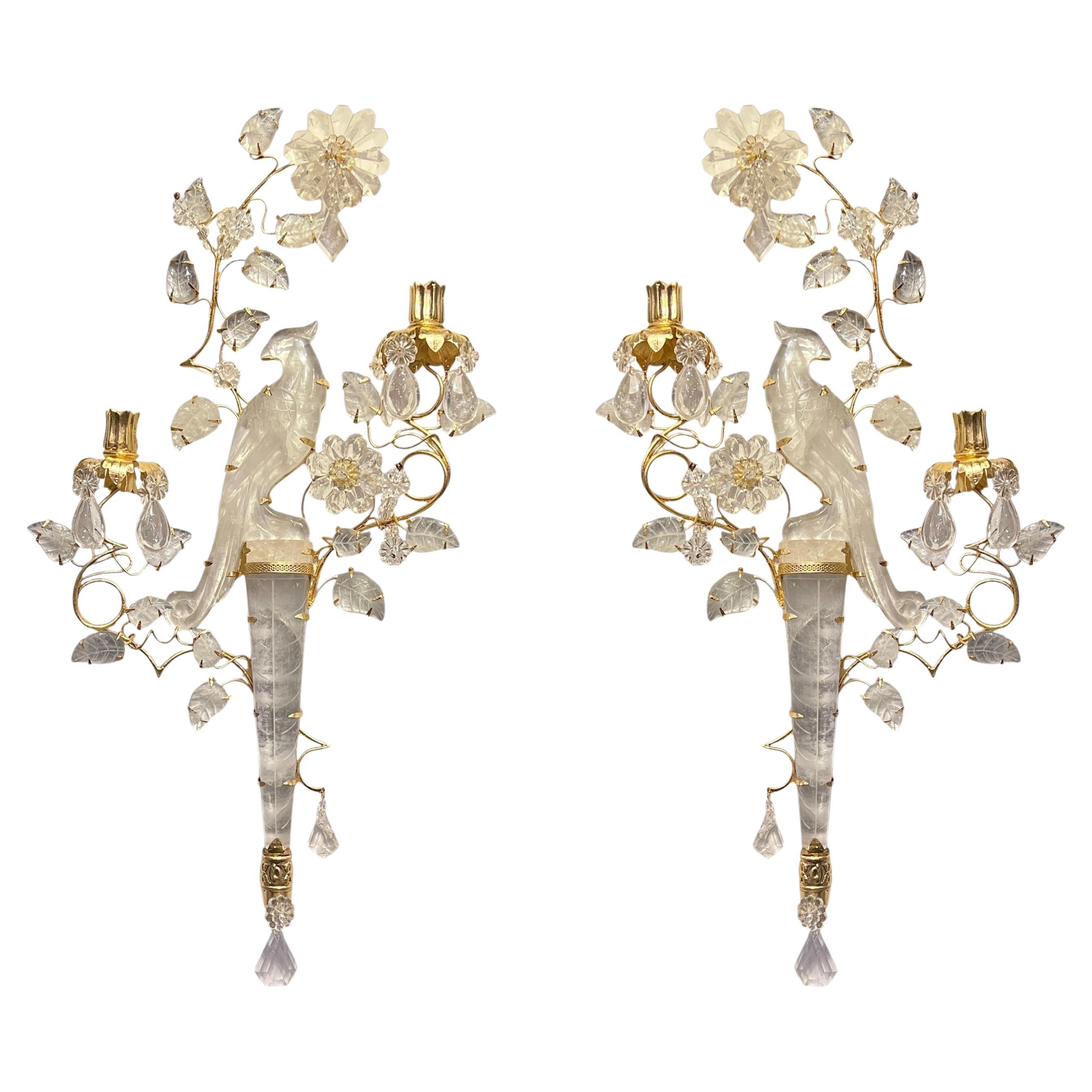 Pair New Rock Crystal Gilt Metal 2-Light Sconces in French Maison Bagues Style