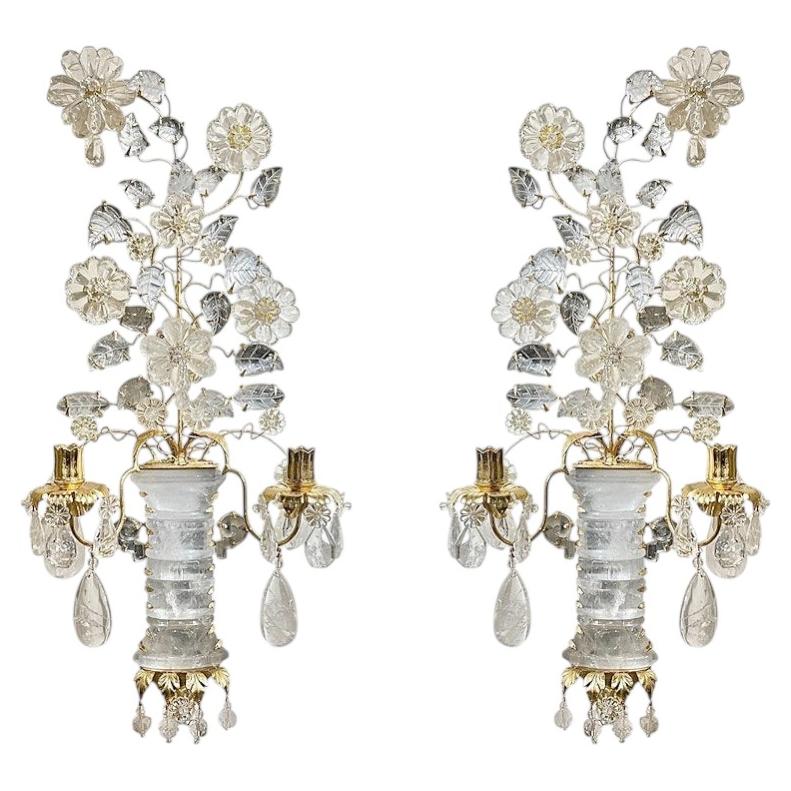 Pair New Rock Crystal Gilt Metal Sconces in Manner of Maison Bagues