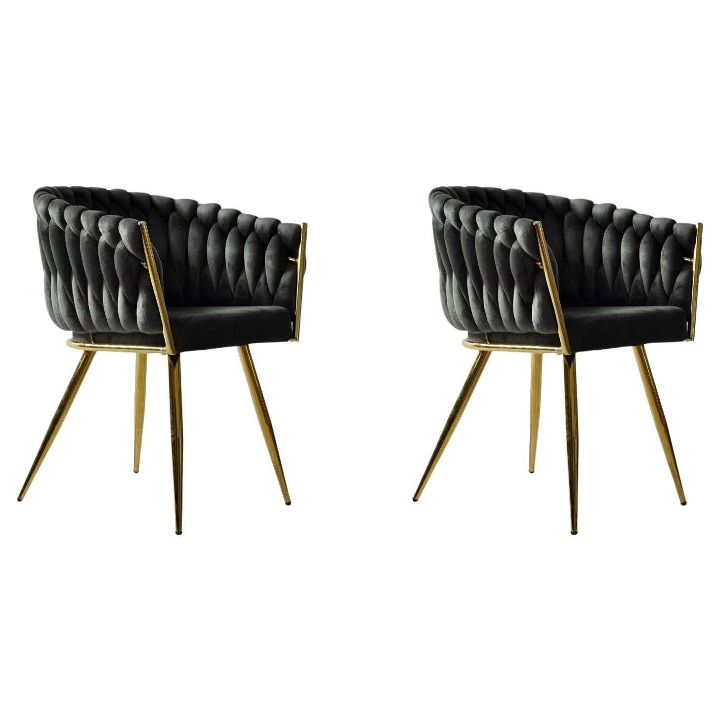Pair New Spanish Chair Metal Dark Grey Velvet Upholstery