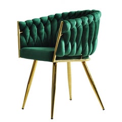 Pair New Spanish Chair, Metal, Green Velvet Upholstery