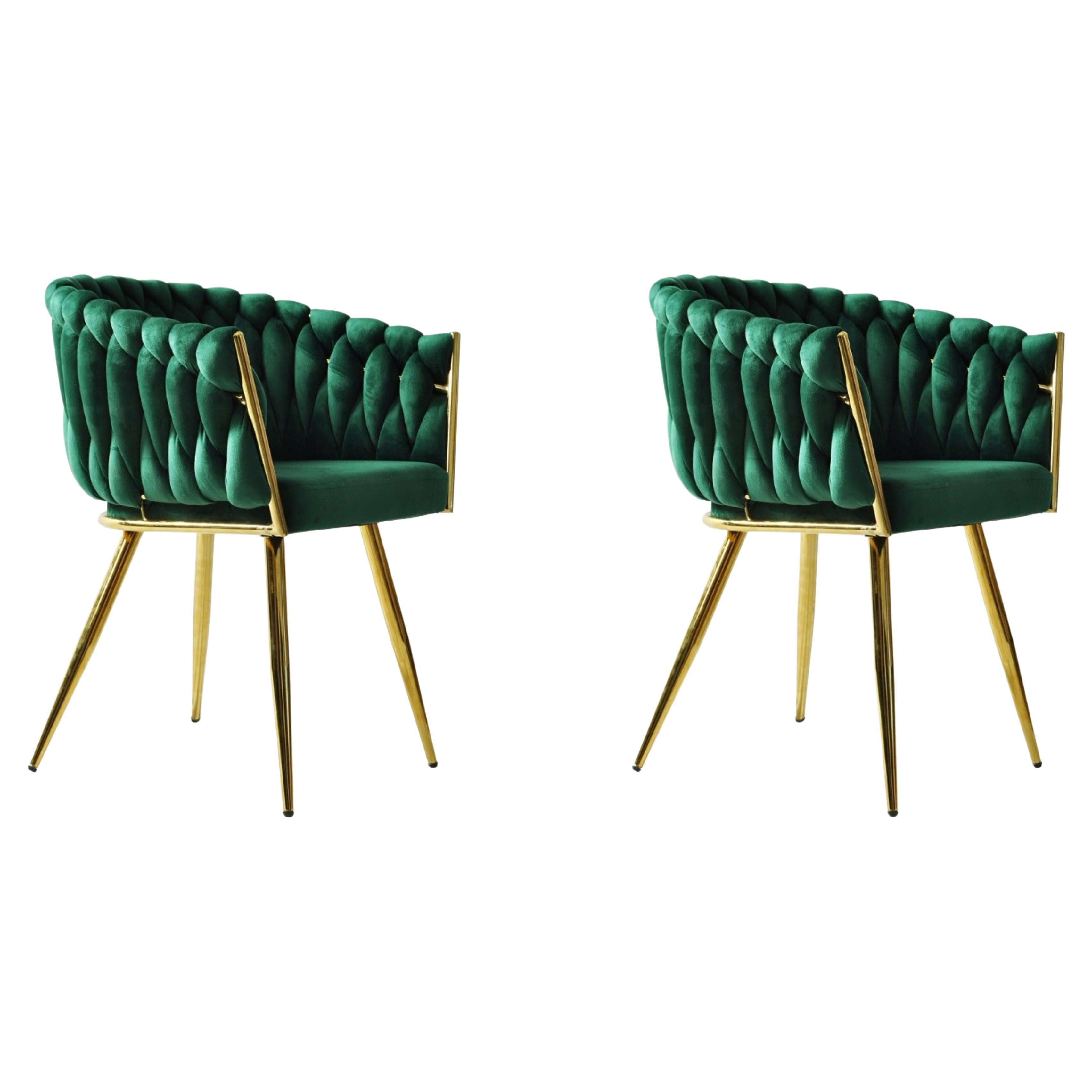 Pair New Spanish Chair, Metal, Green Velvet Upholstery