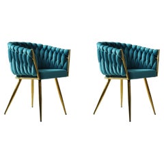 Pair New Spanish Chair Metal Turquoise Velvet Upholstery