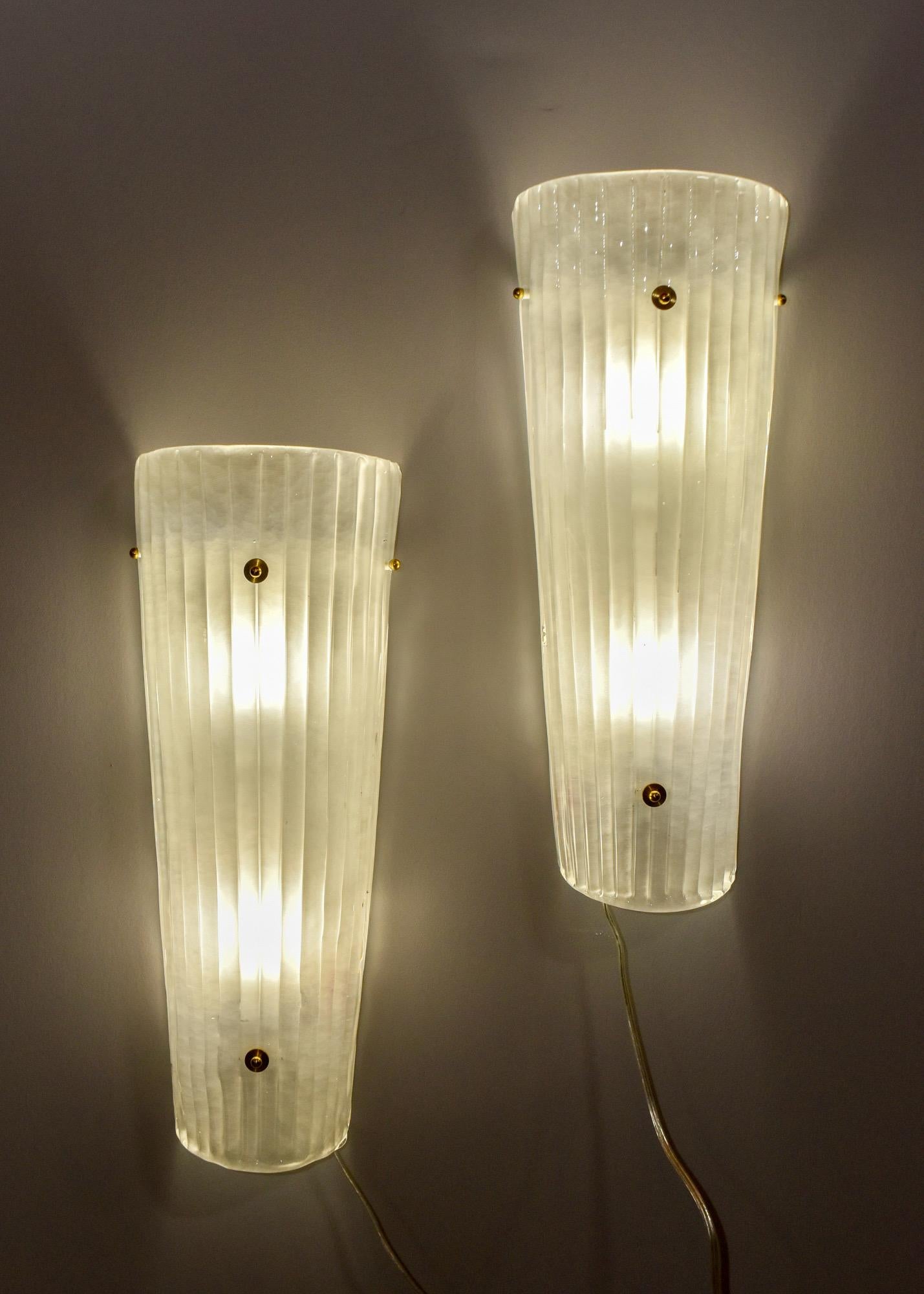 Pair New Tall Slender Frosted White Murano Glass Sconces For Sale 4