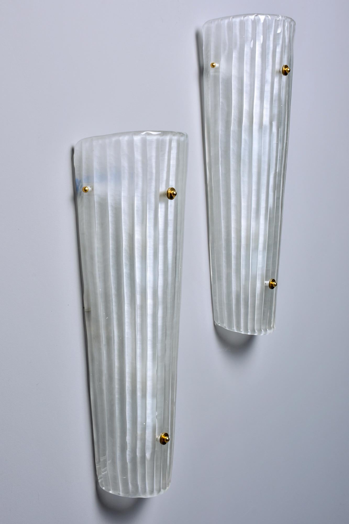 Contemporary Pair New Tall Slender Frosted White Murano Glass Sconces For Sale