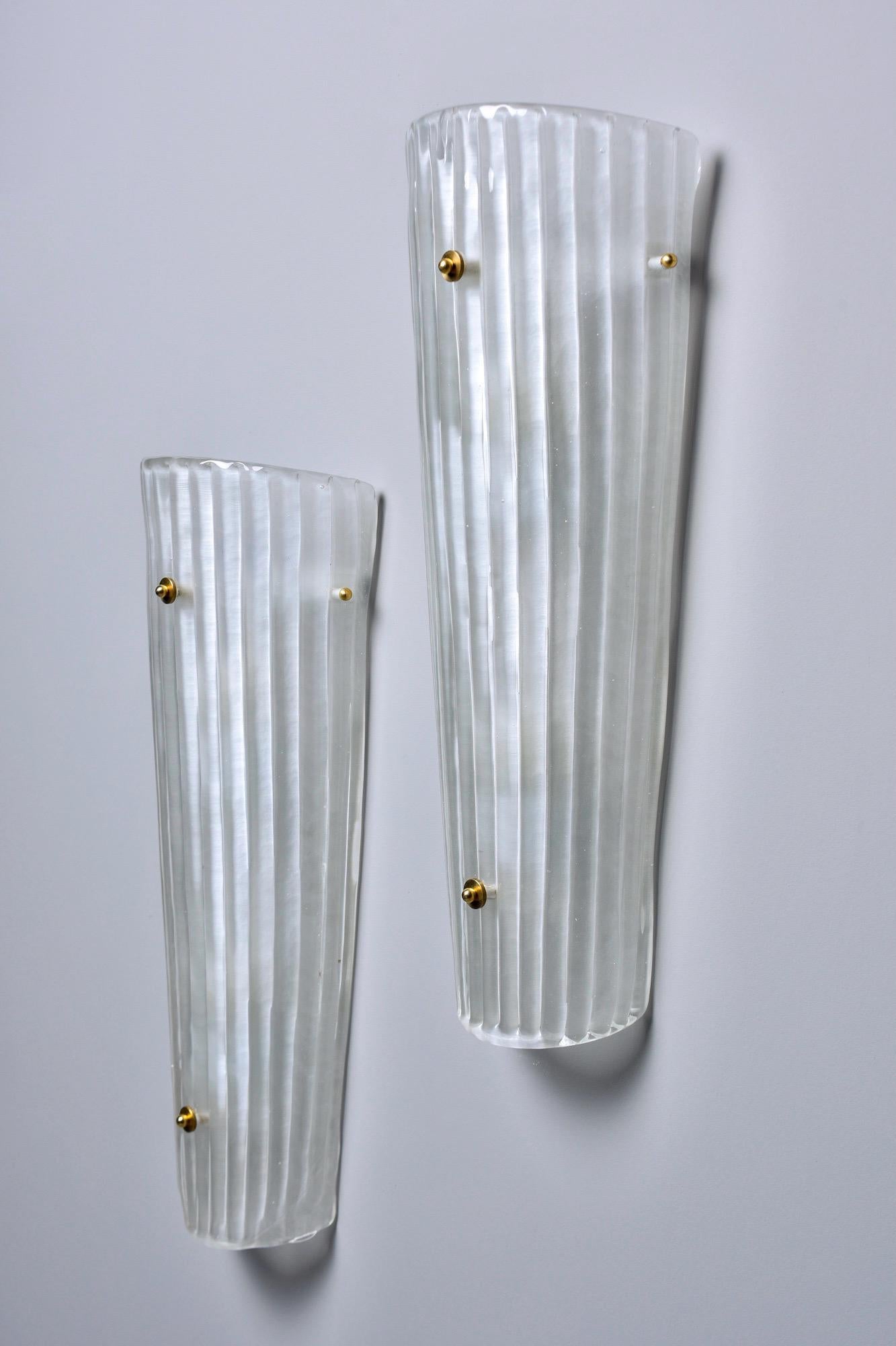 Pair New Tall Slender Frosted White Murano Glass Sconces For Sale 1